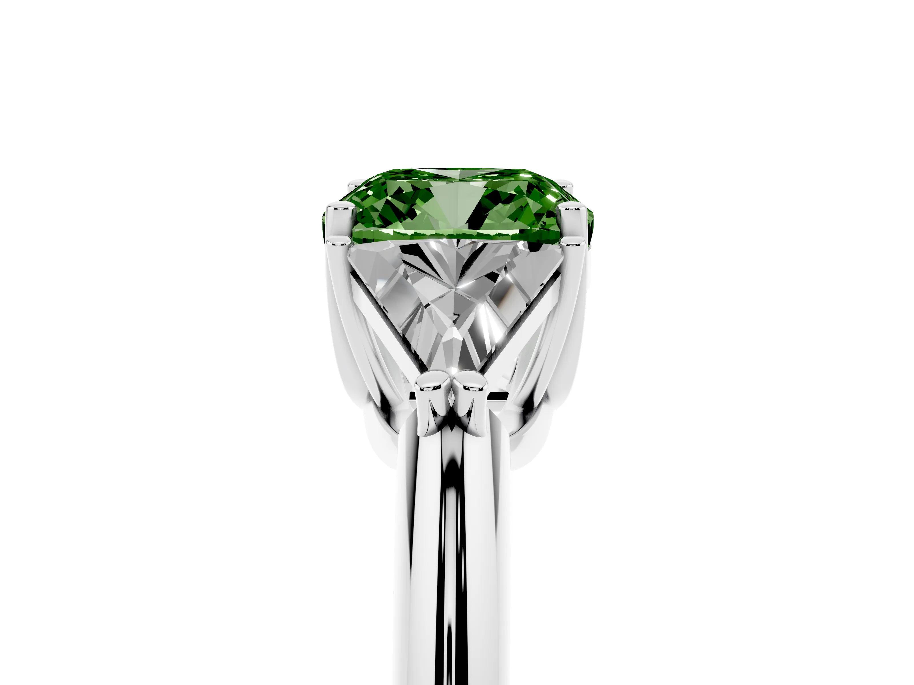 Fancy Green Cushion Cut Diamond Three-Stone Engagement Ring Set in Silver with Trillion Side Stones
