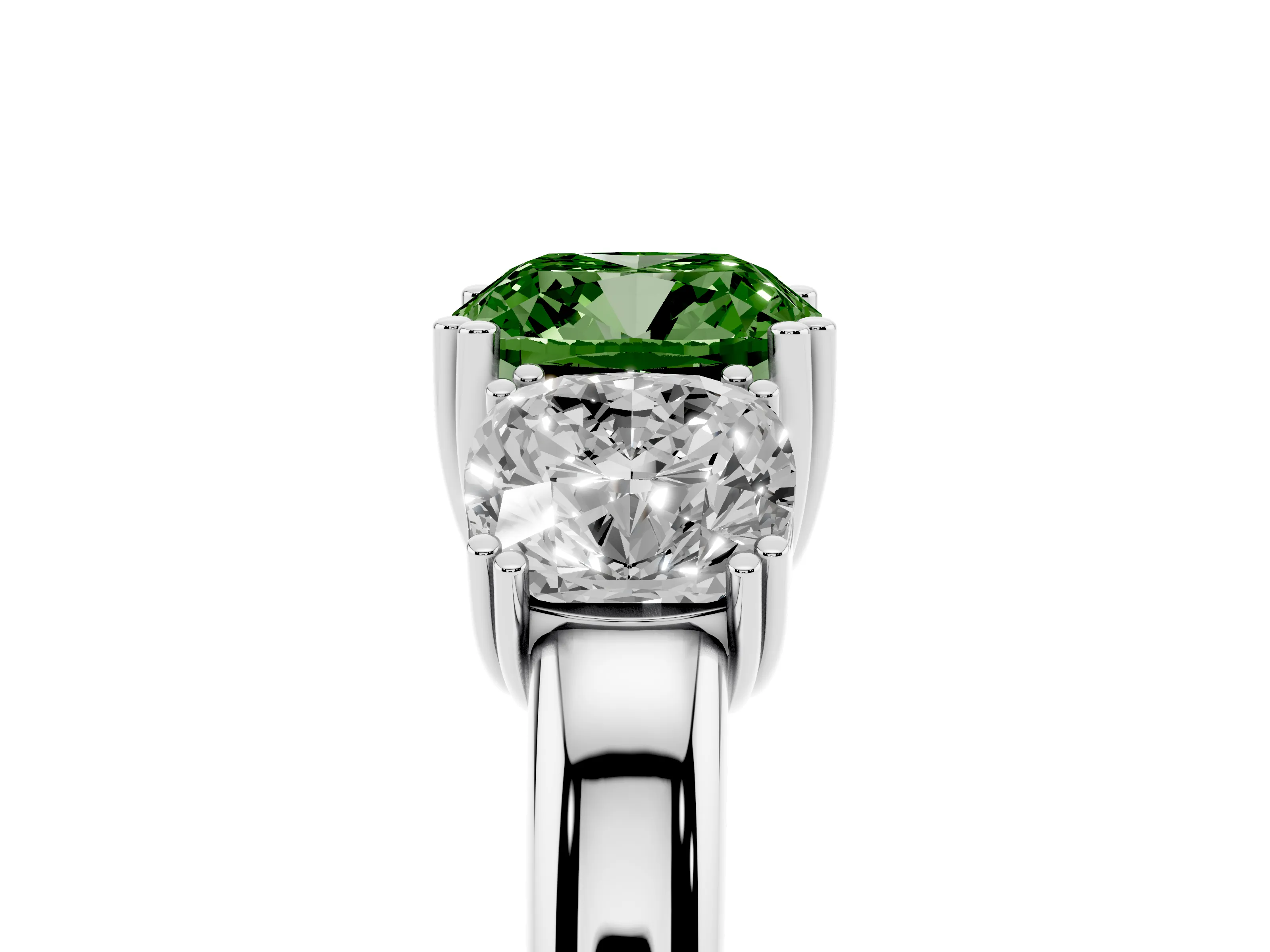 Fancy Green Cushion Cut Diamond Three-Stone Ring Set in Silver with Polished Band and Prong Setting
