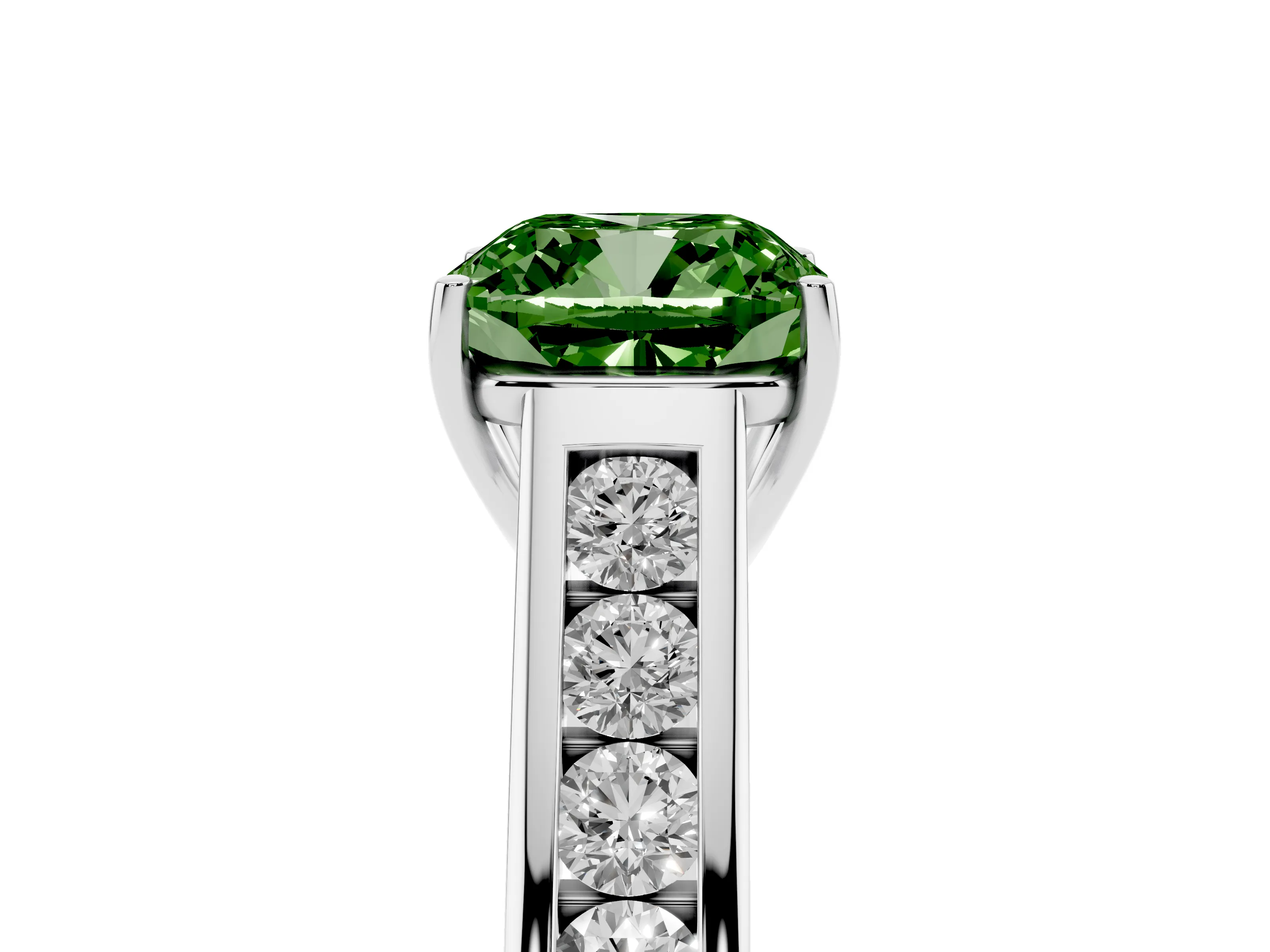 Fancy Green Cushion Cut Diamond Brilliant Channel-Set Solitaire Ring Set in Silver with Prong Setting