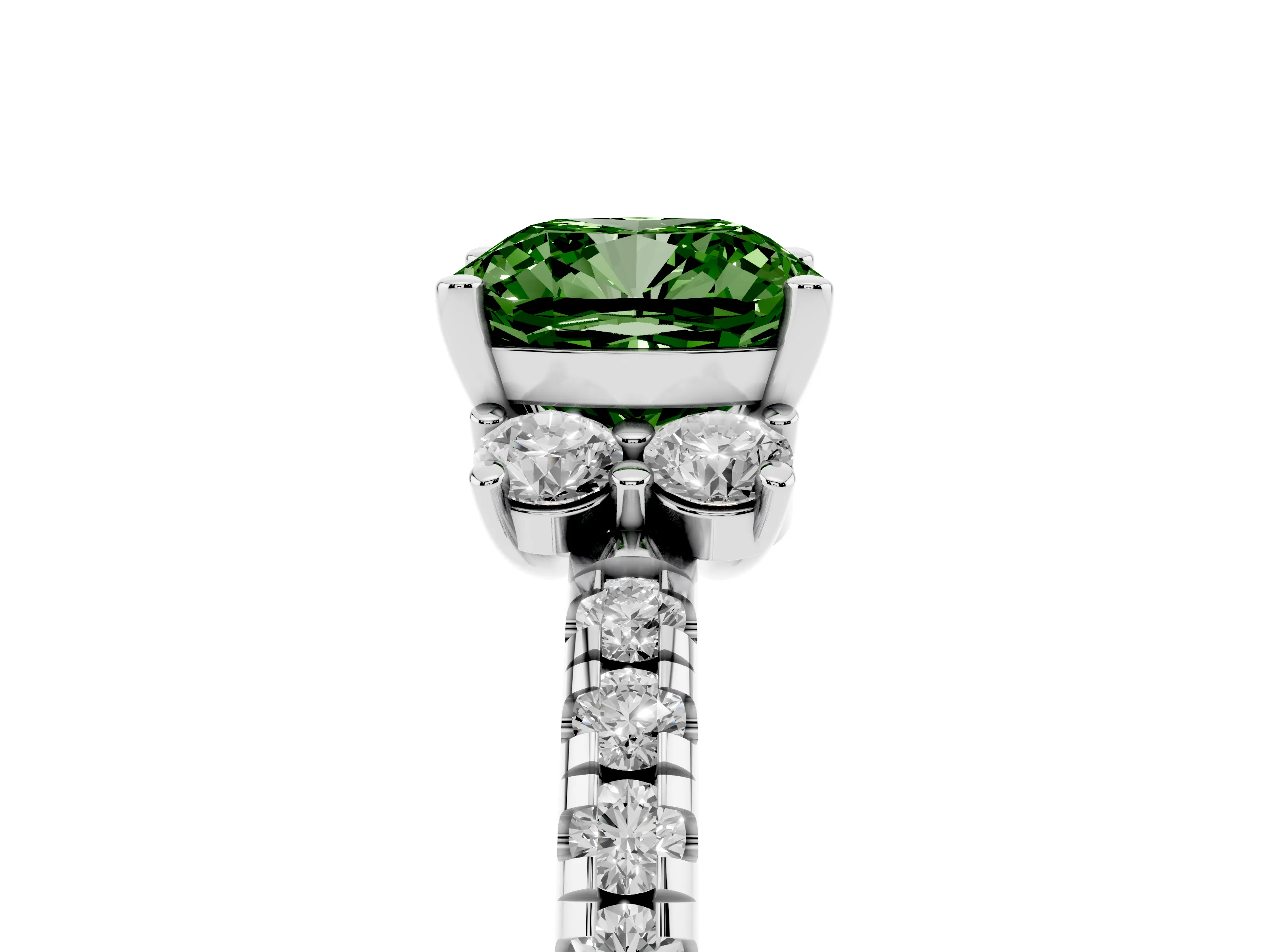 Fancy Green Cushion Cut Diamond Three-Stone Pavé Ring Set in Platinum with Prong Setting