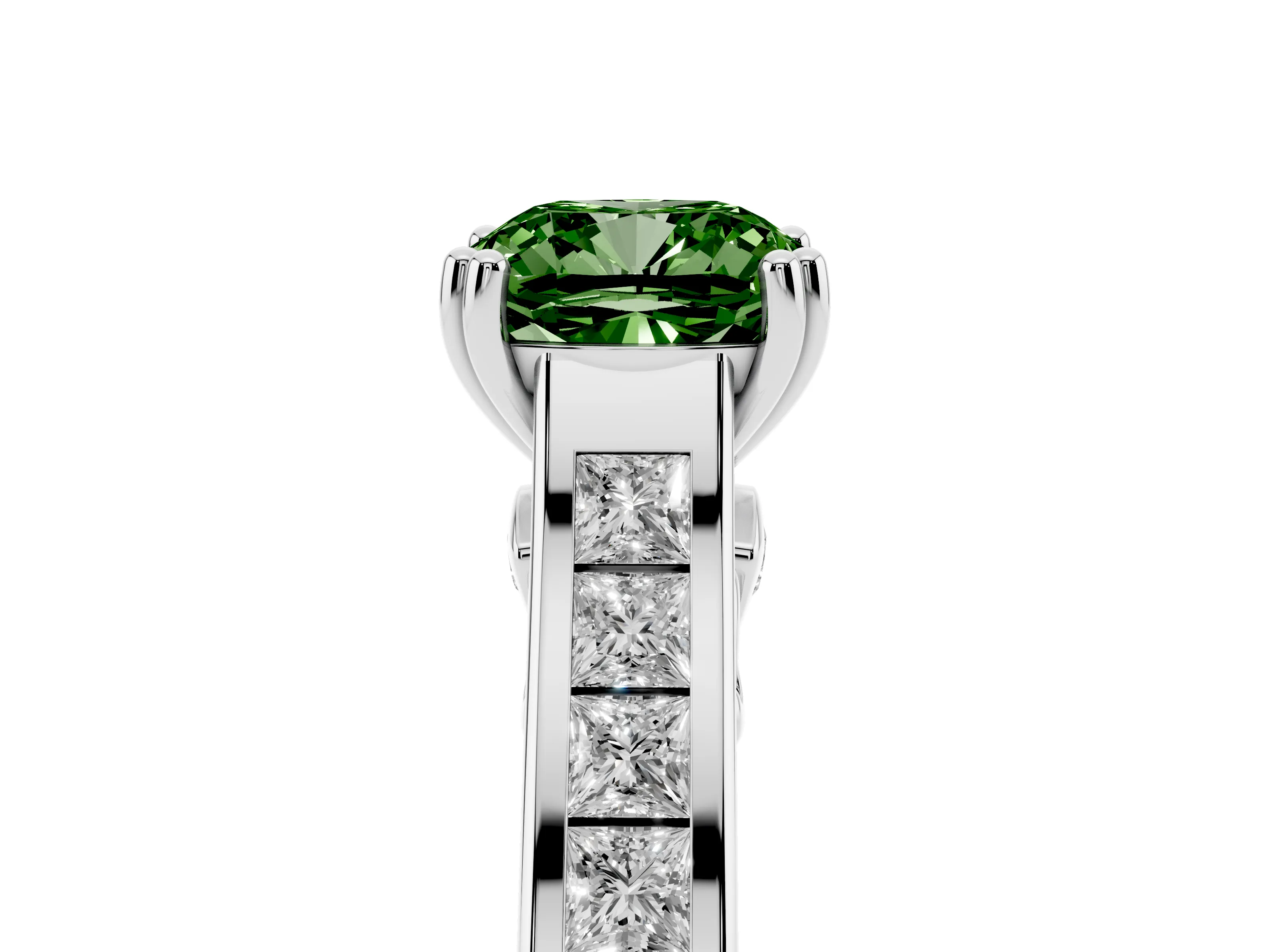 Fancy Green Cushion Cut Diamond Channel Set Solitaire Engagement Ring Set in Silver with Prong Setting
