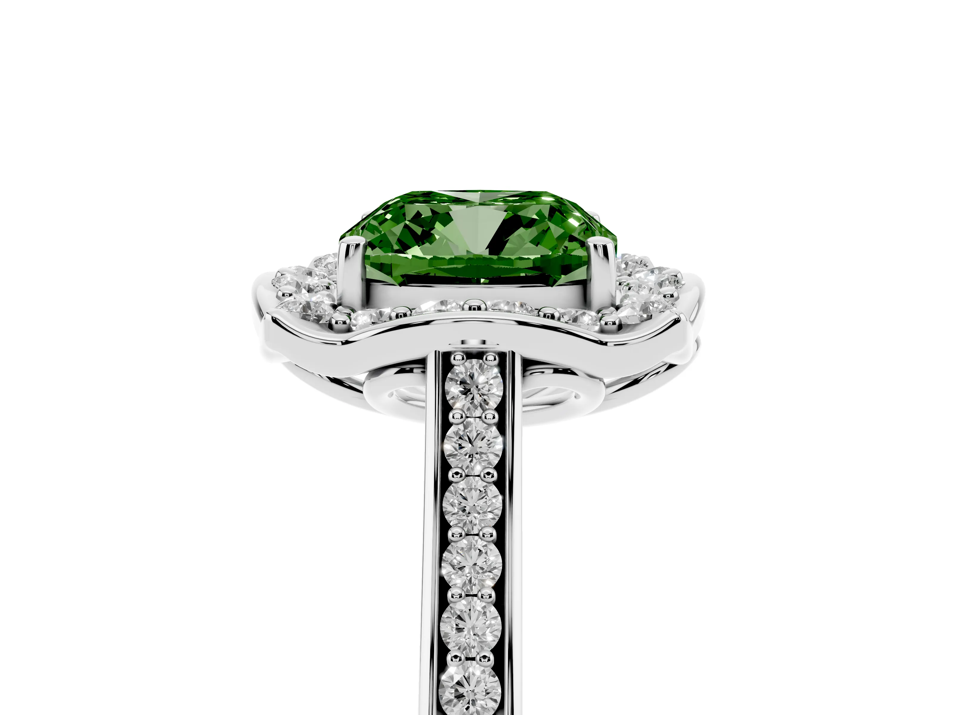 Fancy Green Cushion Cut Diamond Halo Ring Set in White gold with Pavé-Lined Shoulders and Prong Setting