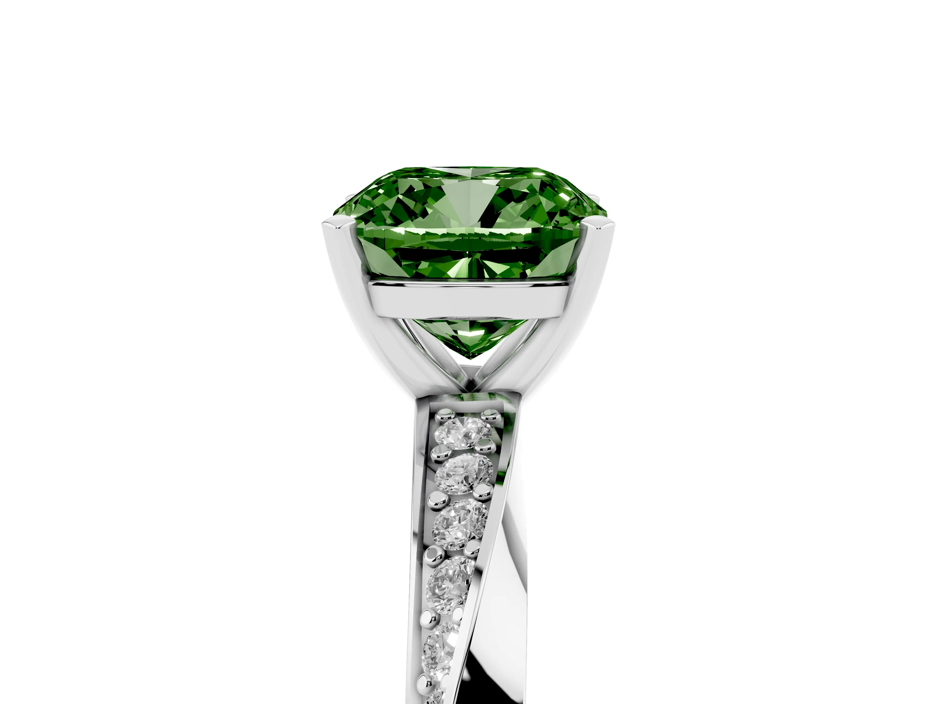 Fancy Green Cushion Cut Diamond Engagement Ring Set in Platinum with Side Stone Accents and Prong Setting
