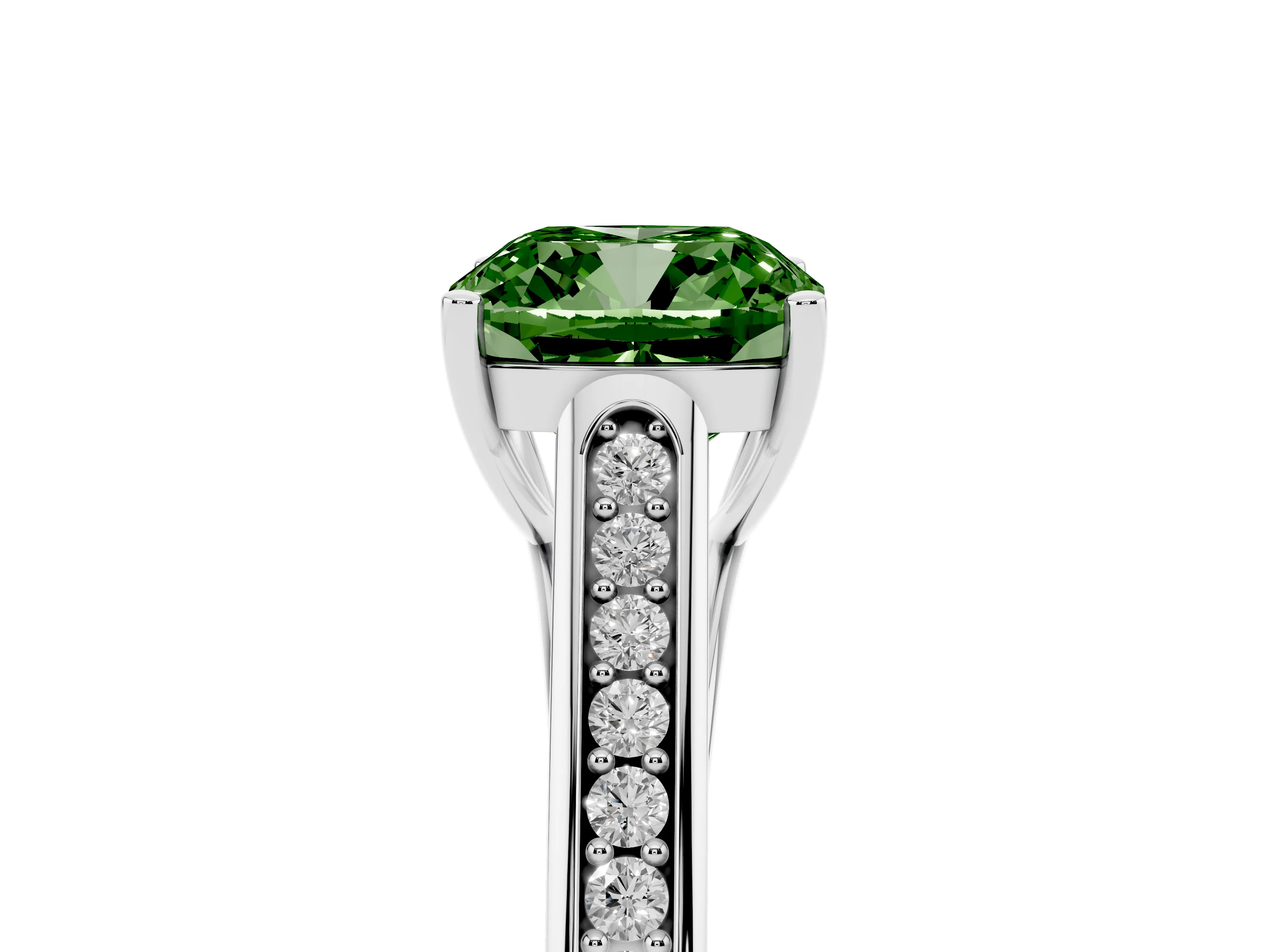 Fancy Green Cushion Cut Diamond Solitaire Cathedral Engagement Ring Set in Silver with Channel-Set Band and Prong Setting