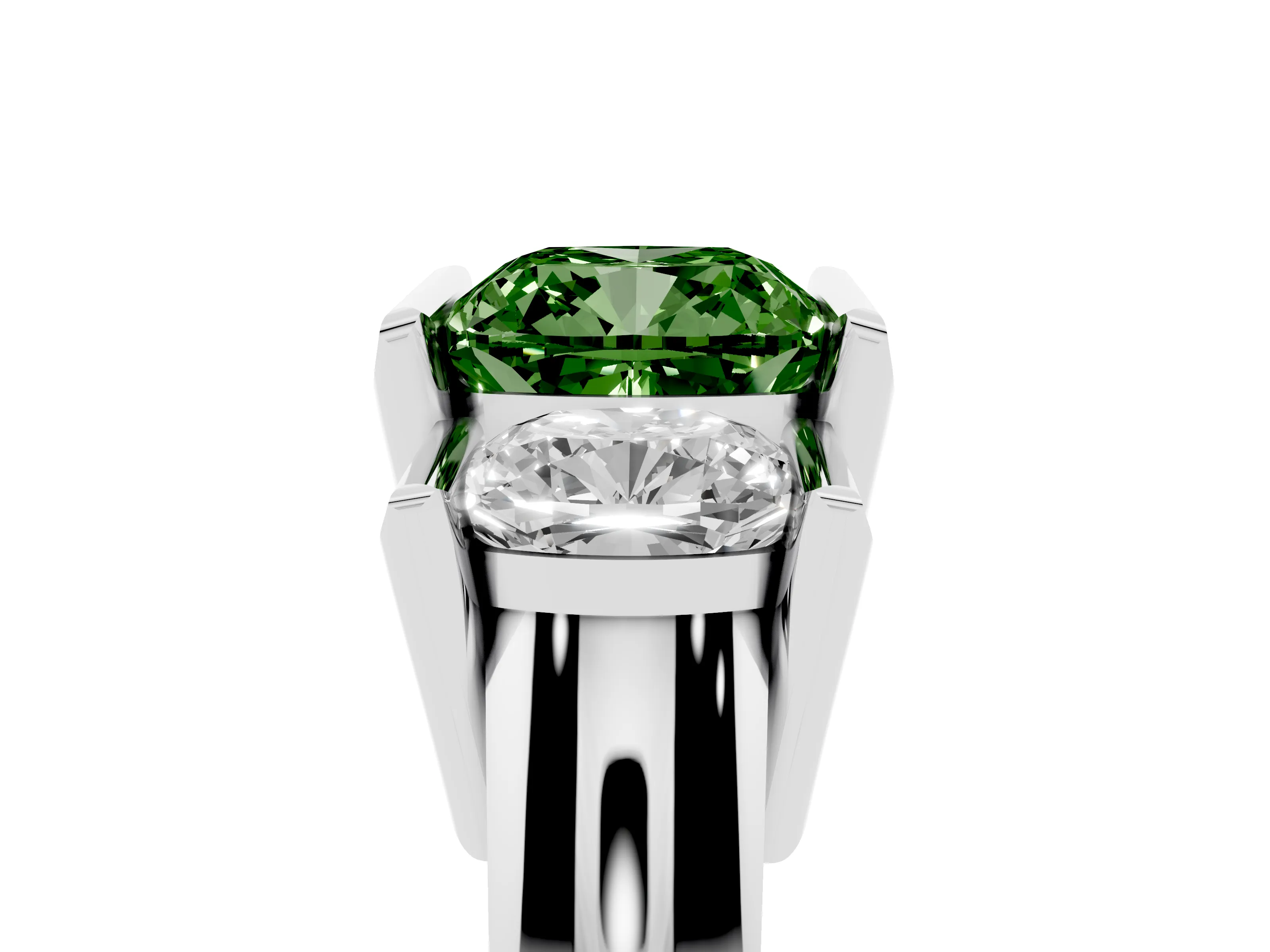 Fancy Green Cushion Cut Diamond Three-Stone Channel Set Ring Set in Platinum with Smooth Polished Band