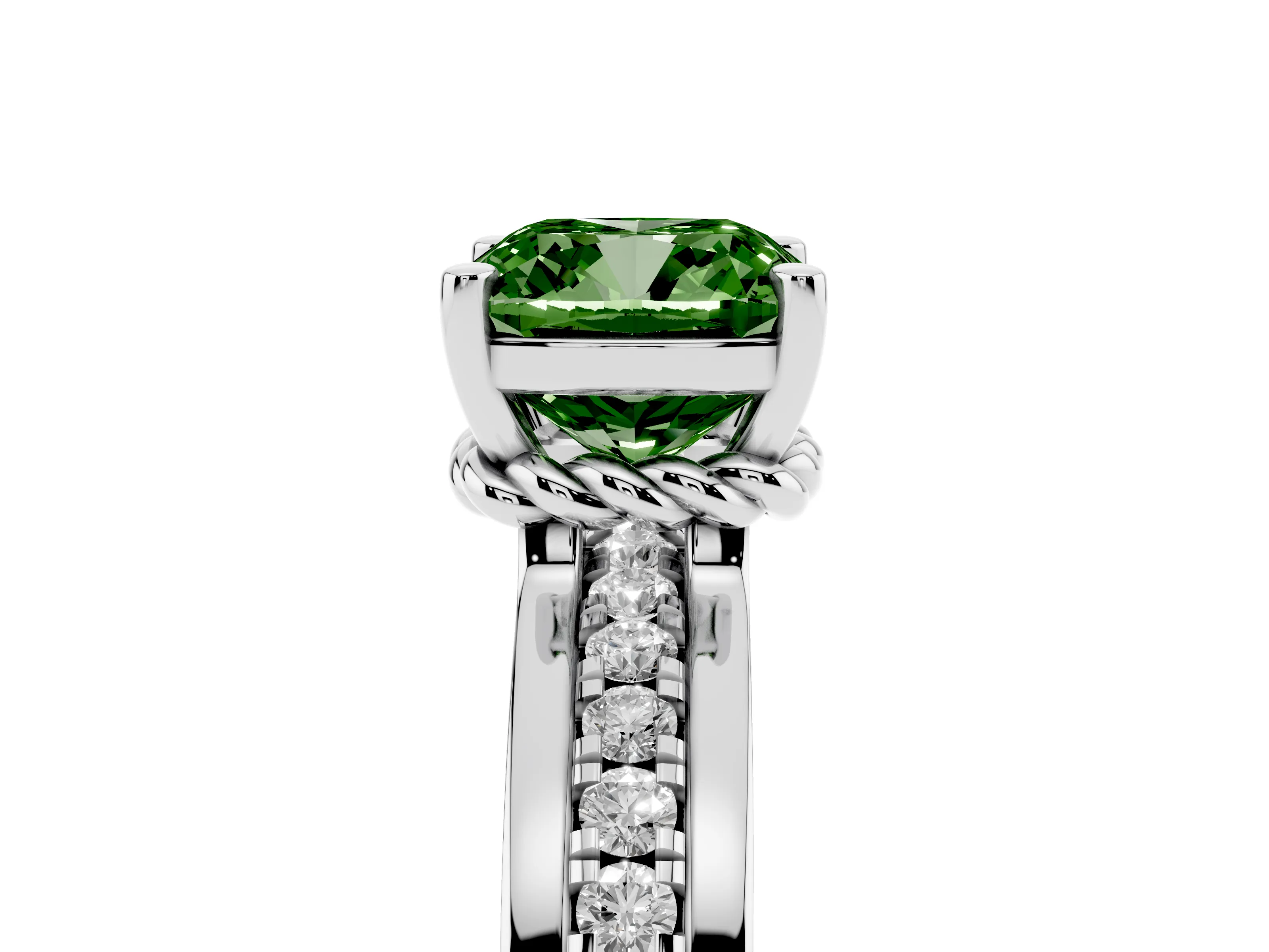 Fancy Green Cushion Cut Diamond Solitaire Ring Set in Silver with Channel Set Band and Prong Setting