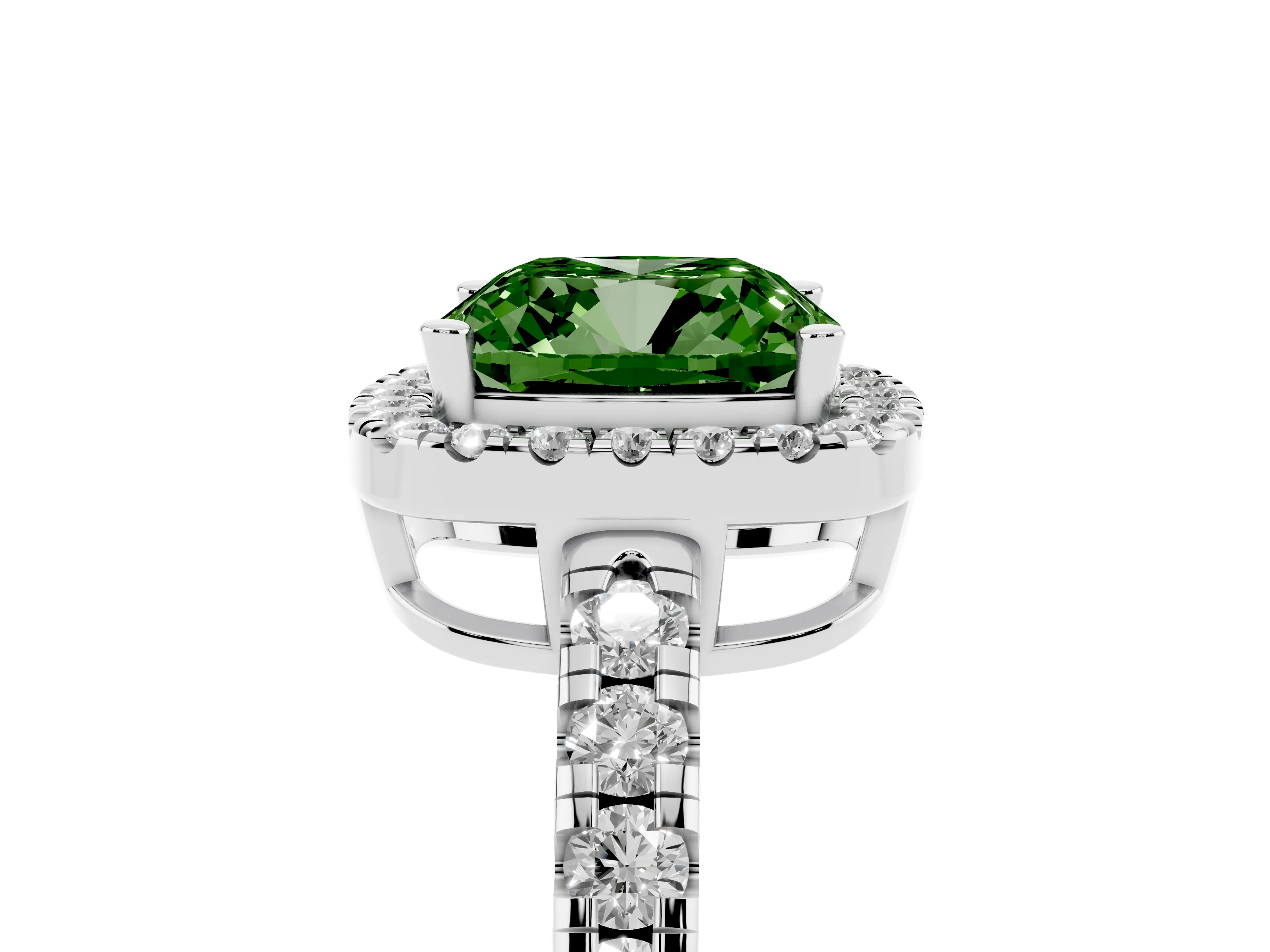 Fancy Green Cushion Cut Diamond Halo Ring Set in Platinum with Delicate Pavé Band and Prong Setting
