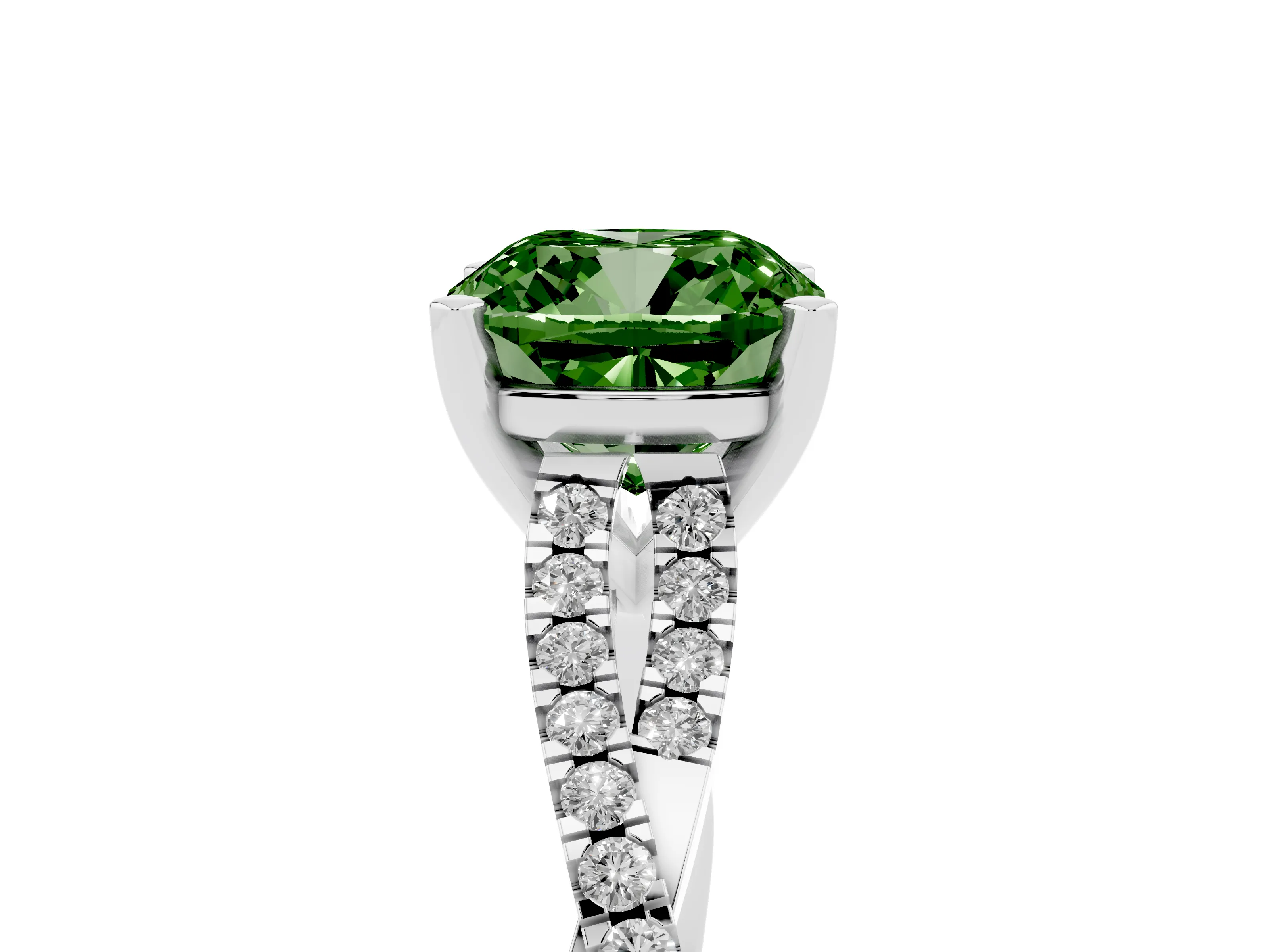 Fancy Green Cushion Cut Diamond Solitaire Engagement Ring Set in White gold with Twisted Pavé Band and Prong Setting