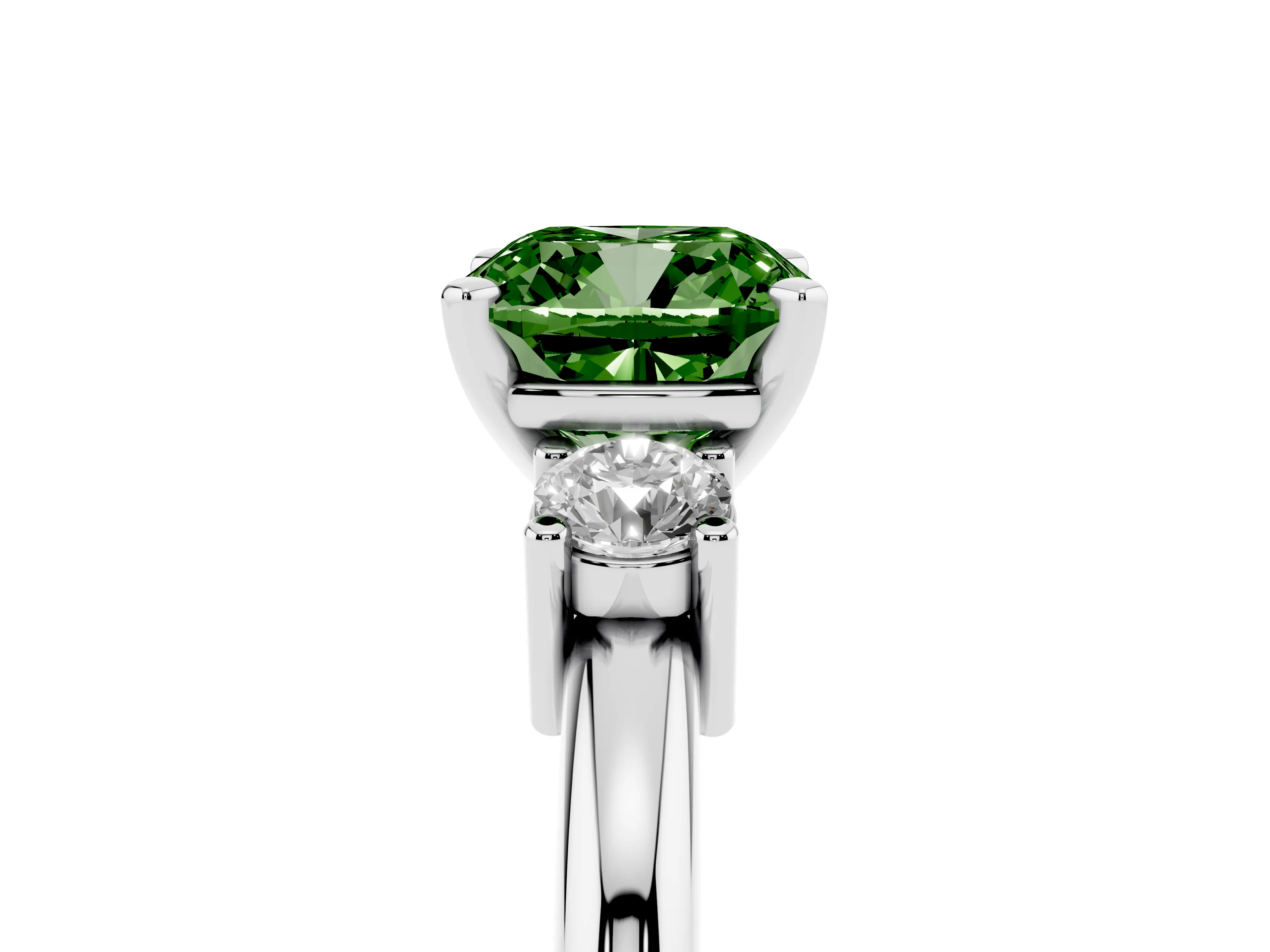 Fancy Green Three-Stone Cushion Cut Diamond Ring Set in Silver with Prong Setting and Plain Band