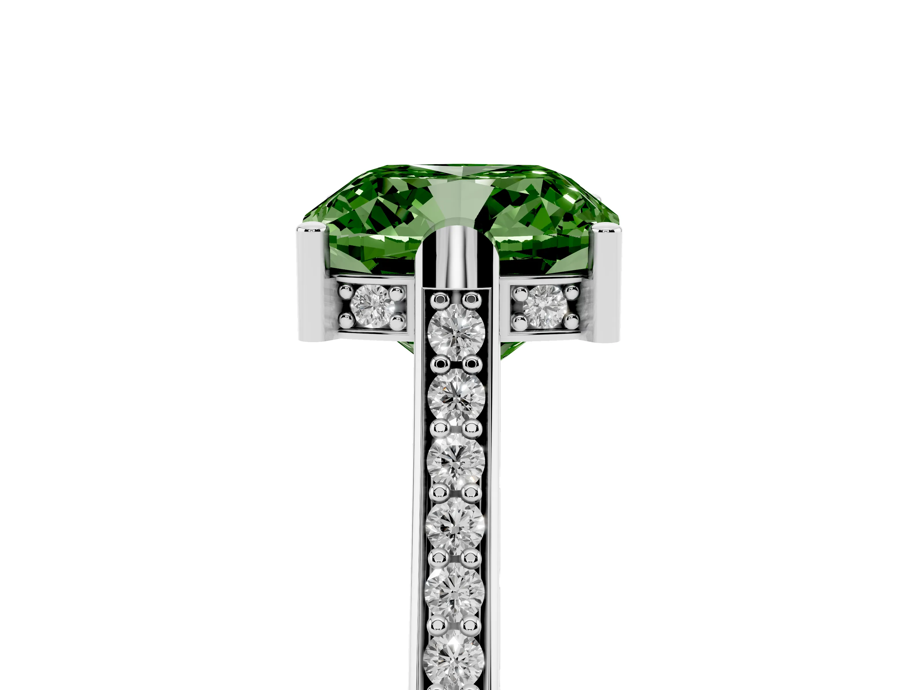 Fancy Green Cushion Cut Diamond Solitaire Ring Set in White gold with Channel Set Band and Bezel Prong Setting