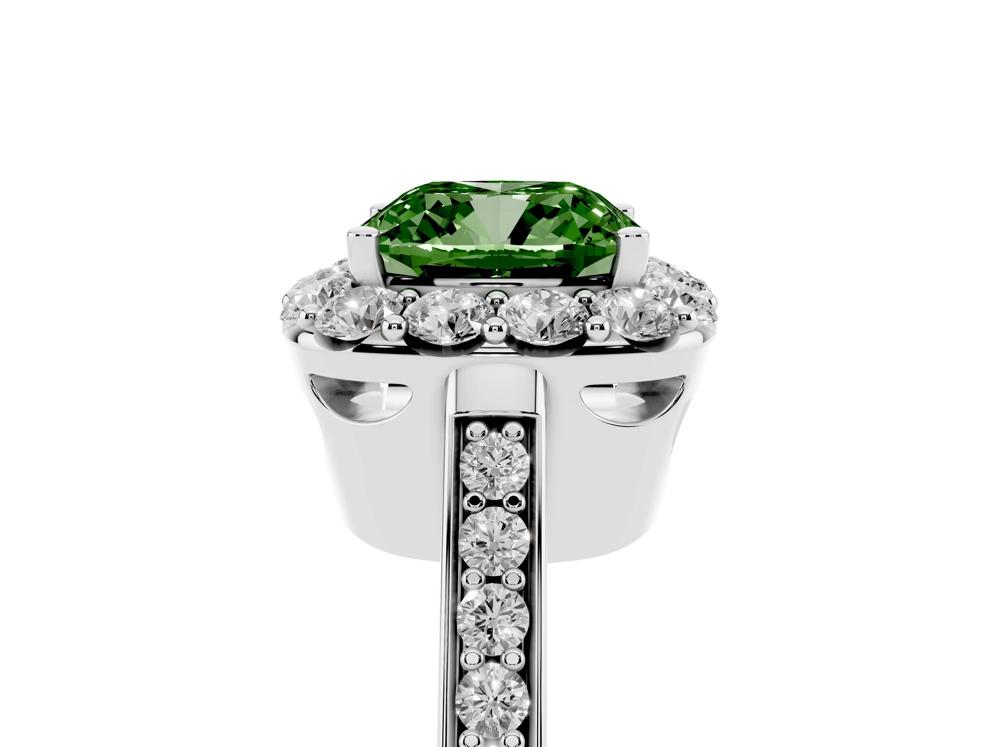Fancy Green Cushion Cut Diamond Floral Halo Ring Set in Silver with Pavé Band and Prong Setting