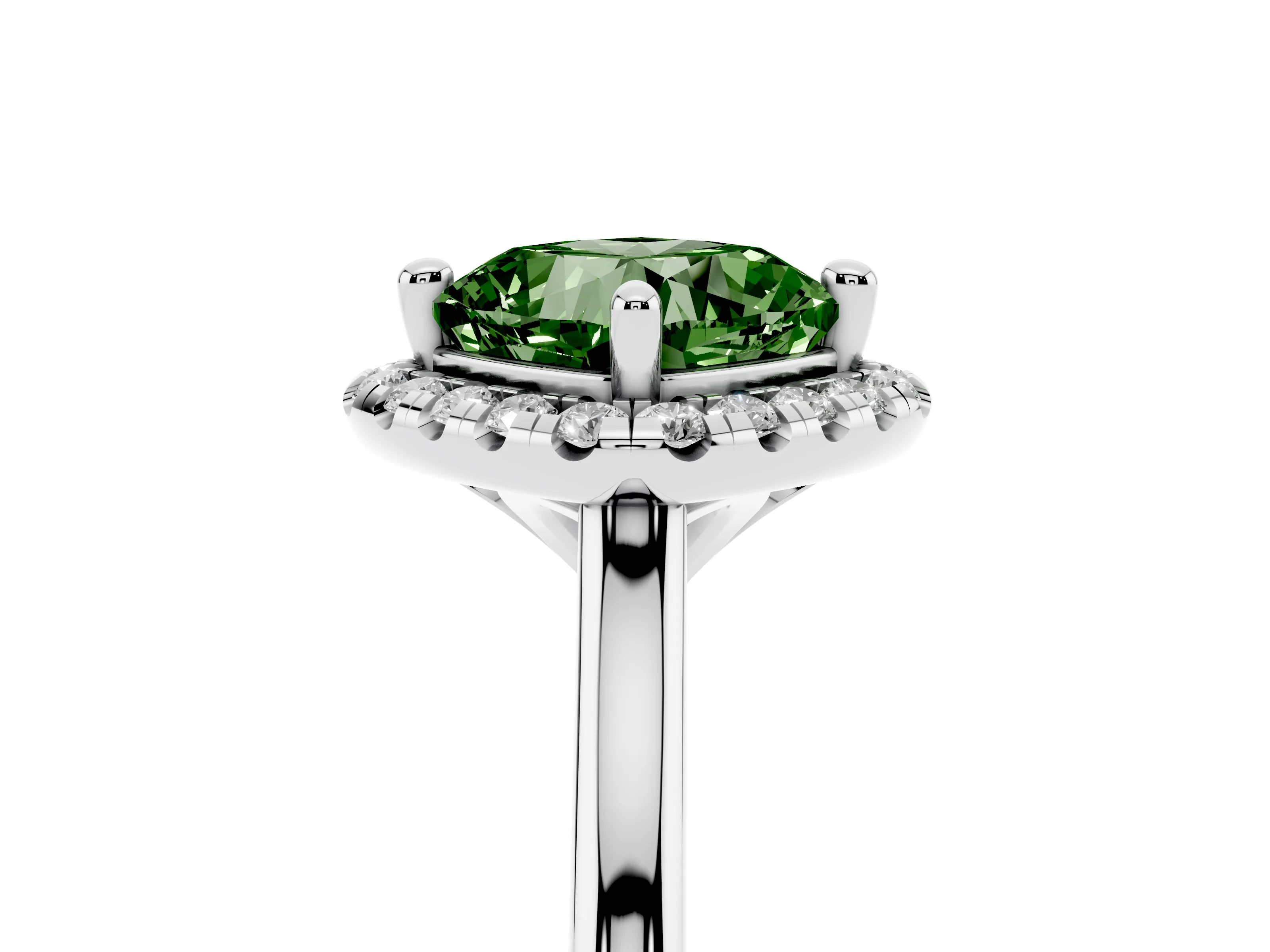 Fancy Green Cushion Cut Diamond Halo Engagement Ring Set in White gold with Pavé Band and Rising Shoulders