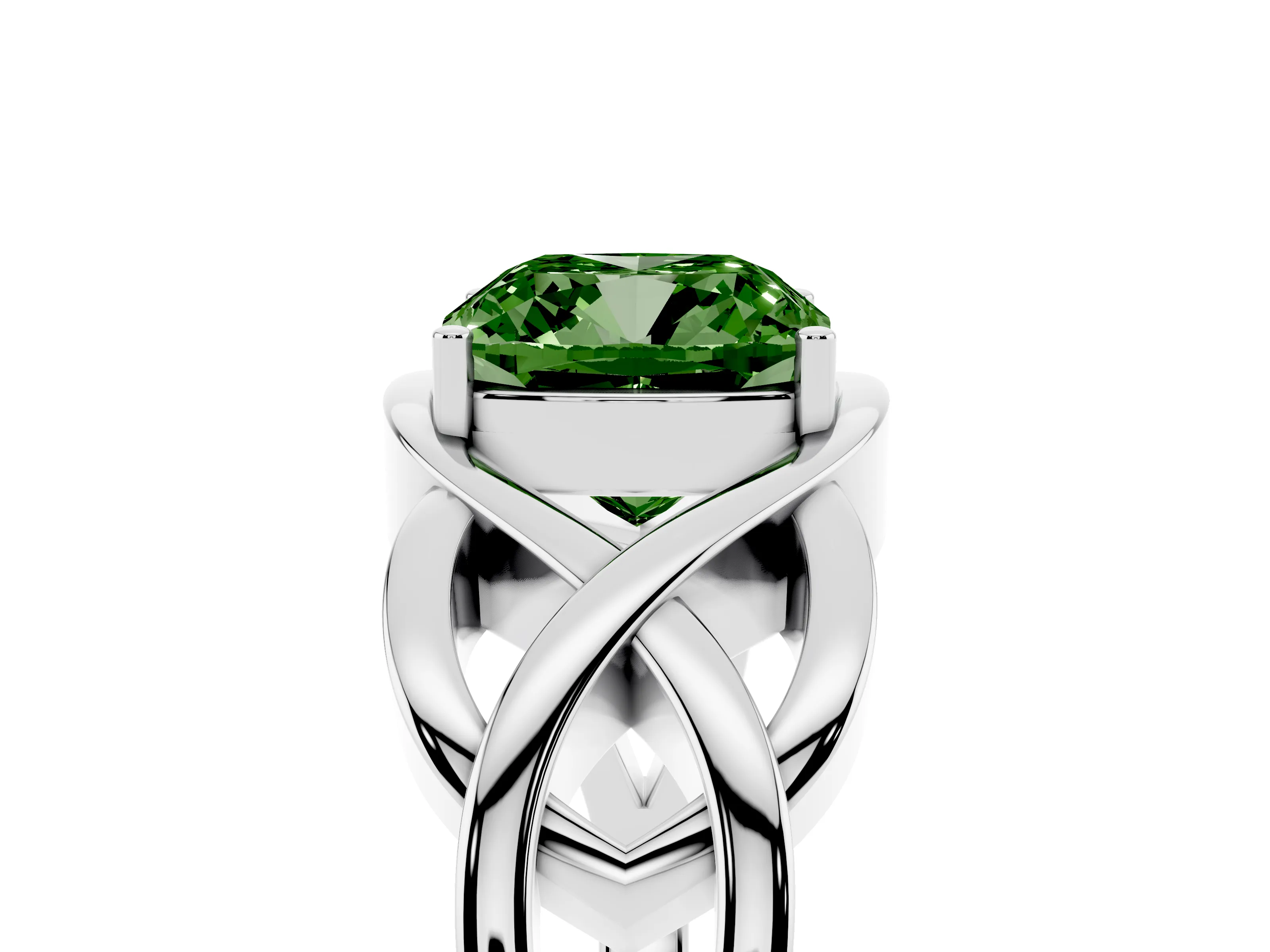 Fancy Green Cushion Cut Diamond Solitaire Ring Set in Silver with Intertwined Band