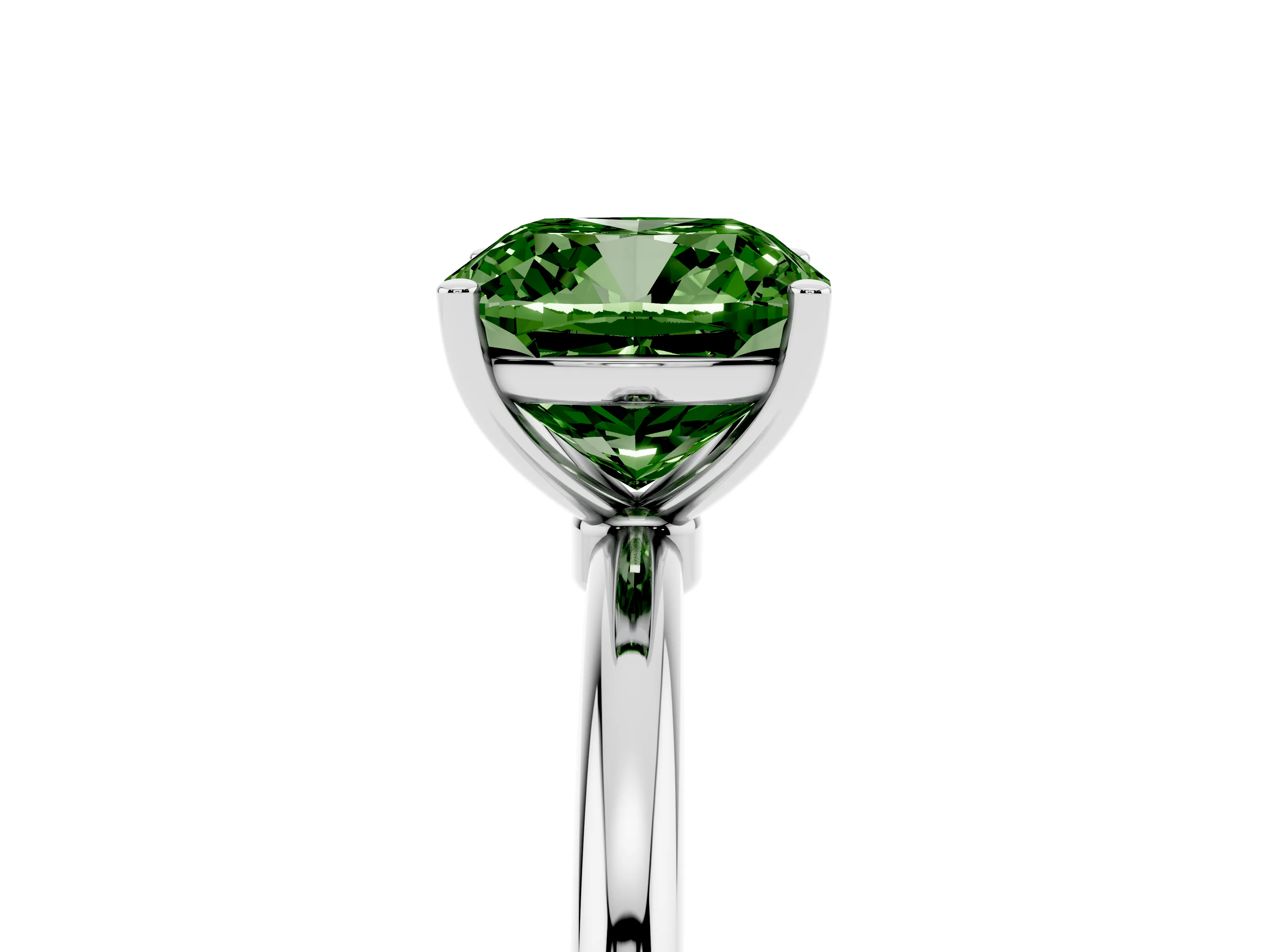 Fancy Green Cushion Cut Diamond Solitaire Engagement Ring Set in White gold with Thin Band and Prong Setting