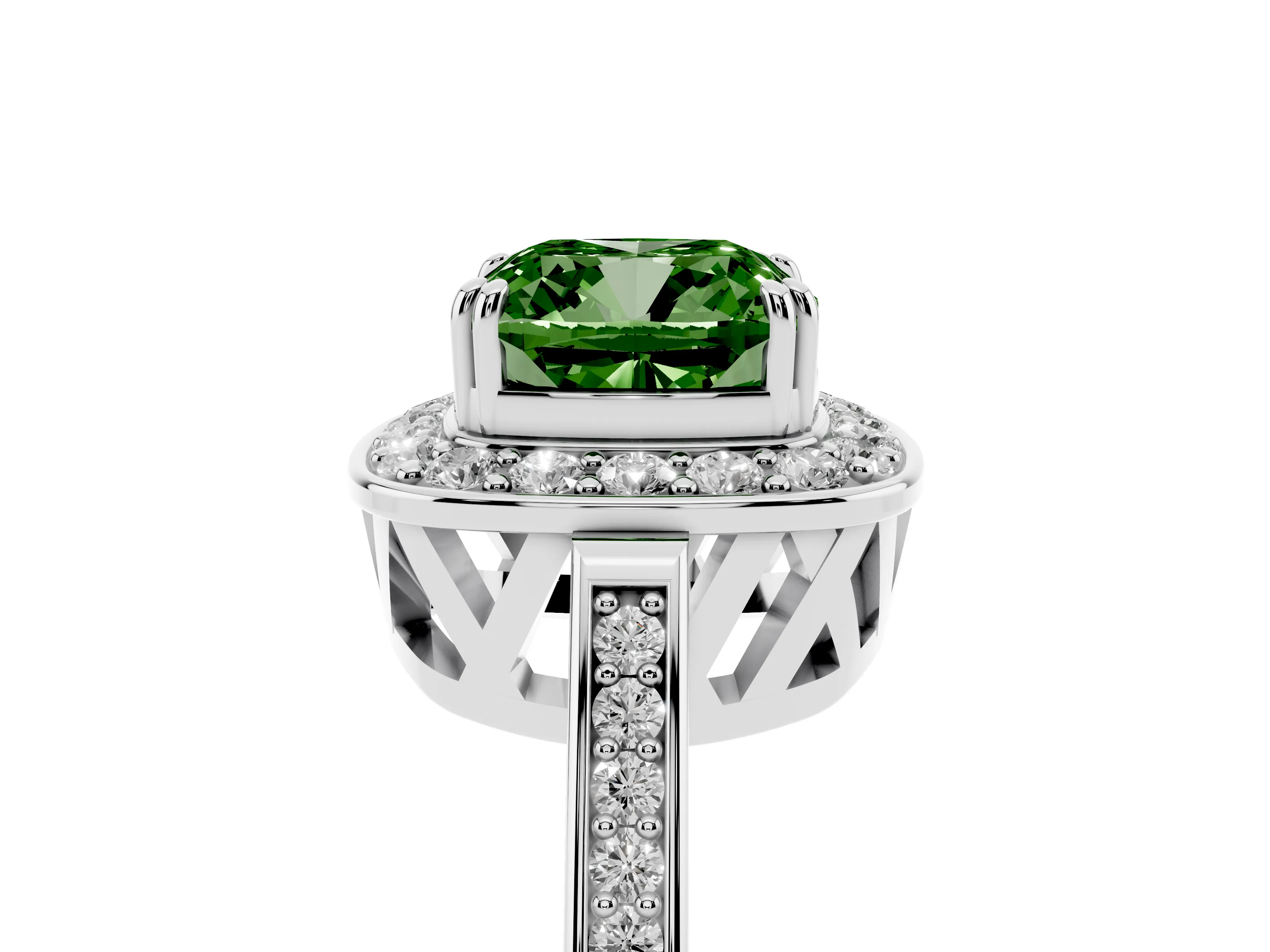 Fancy Green Cushion Cut Diamond Halo Ring Set in Silver with Accent-Lined Split Shank and Prong Setting