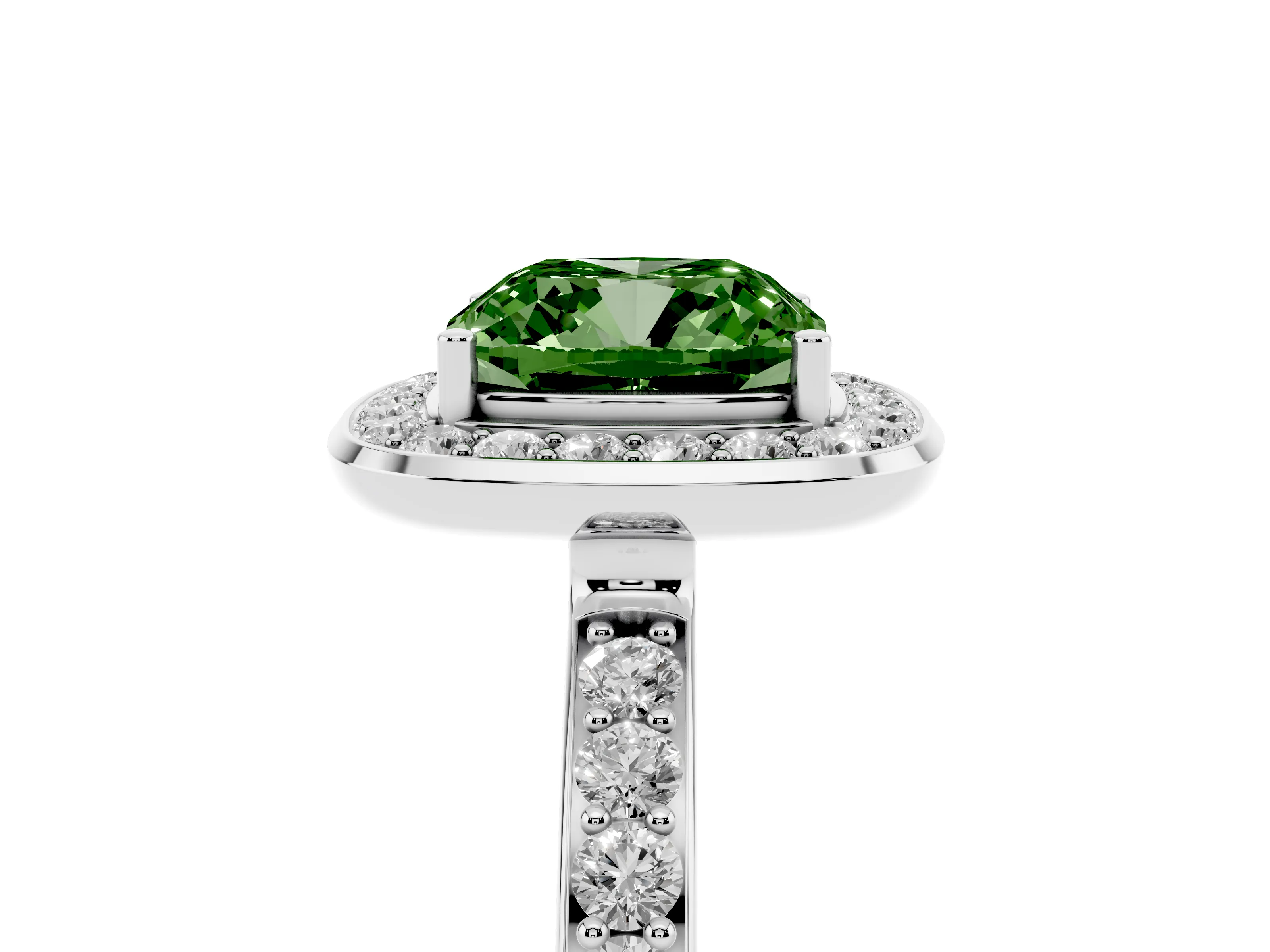 Fancy Green Cushion Cut Diamond Halo Ring Set in White gold with Bezel Frame and Pavé Band