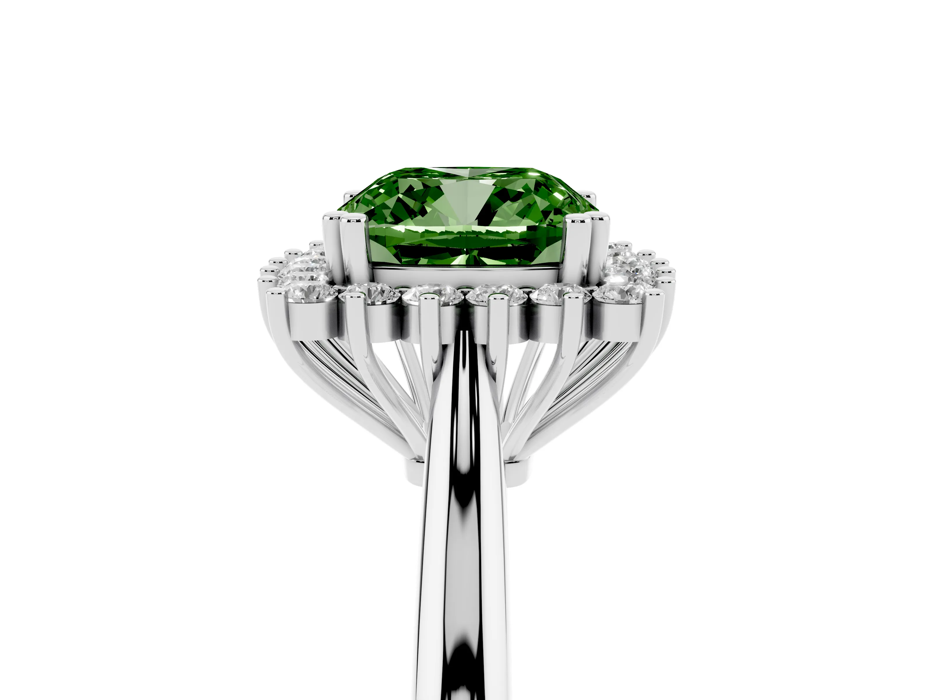 Fancy Green Cushion Cut Diamond Halo Ring Set in Platinum with Plain Solitaire Band and Prong Setting