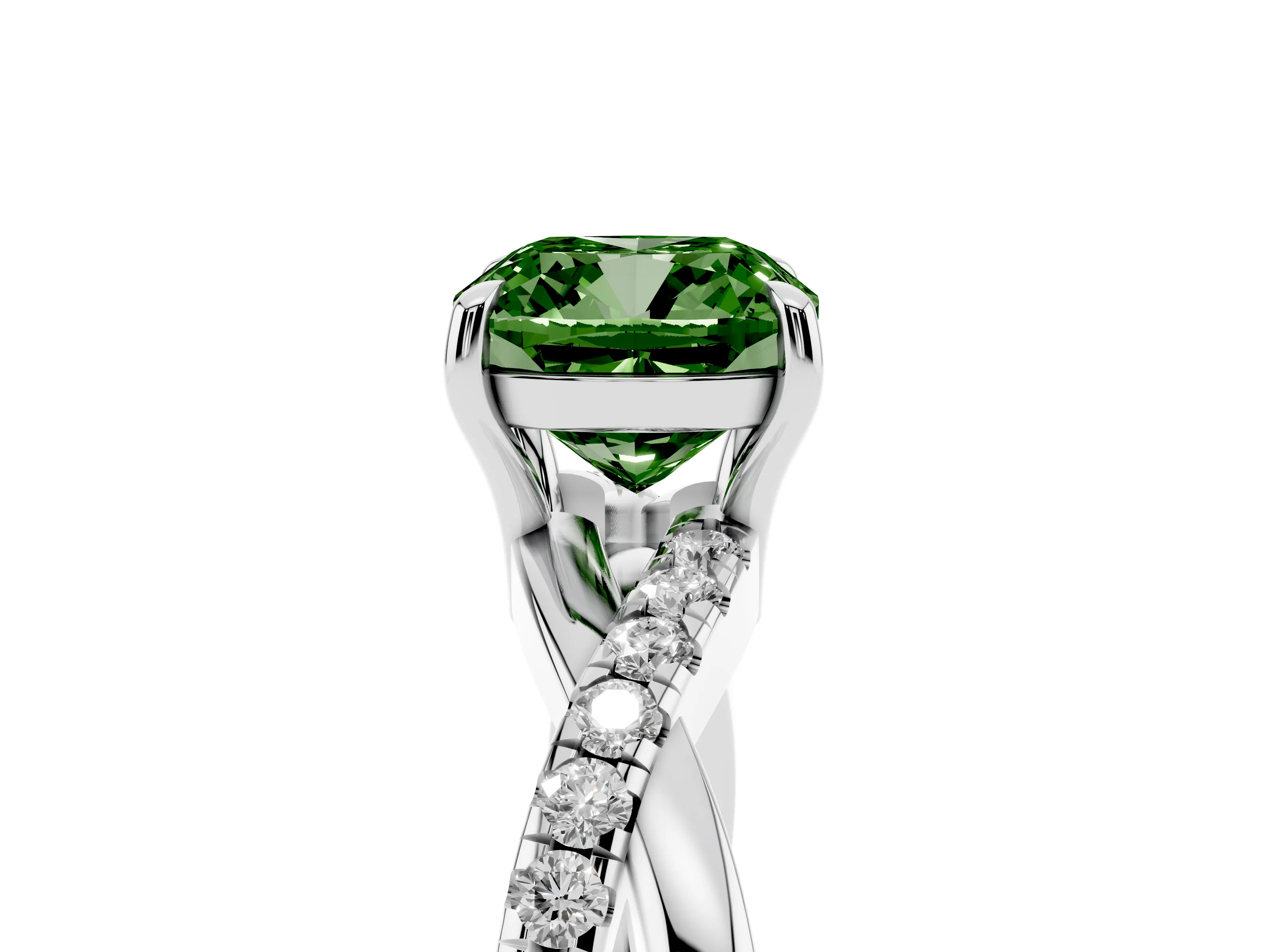 Fancy Green Cushion Cut Diamond Twisted Pavé Band Ring Set in White gold with Prong Setting