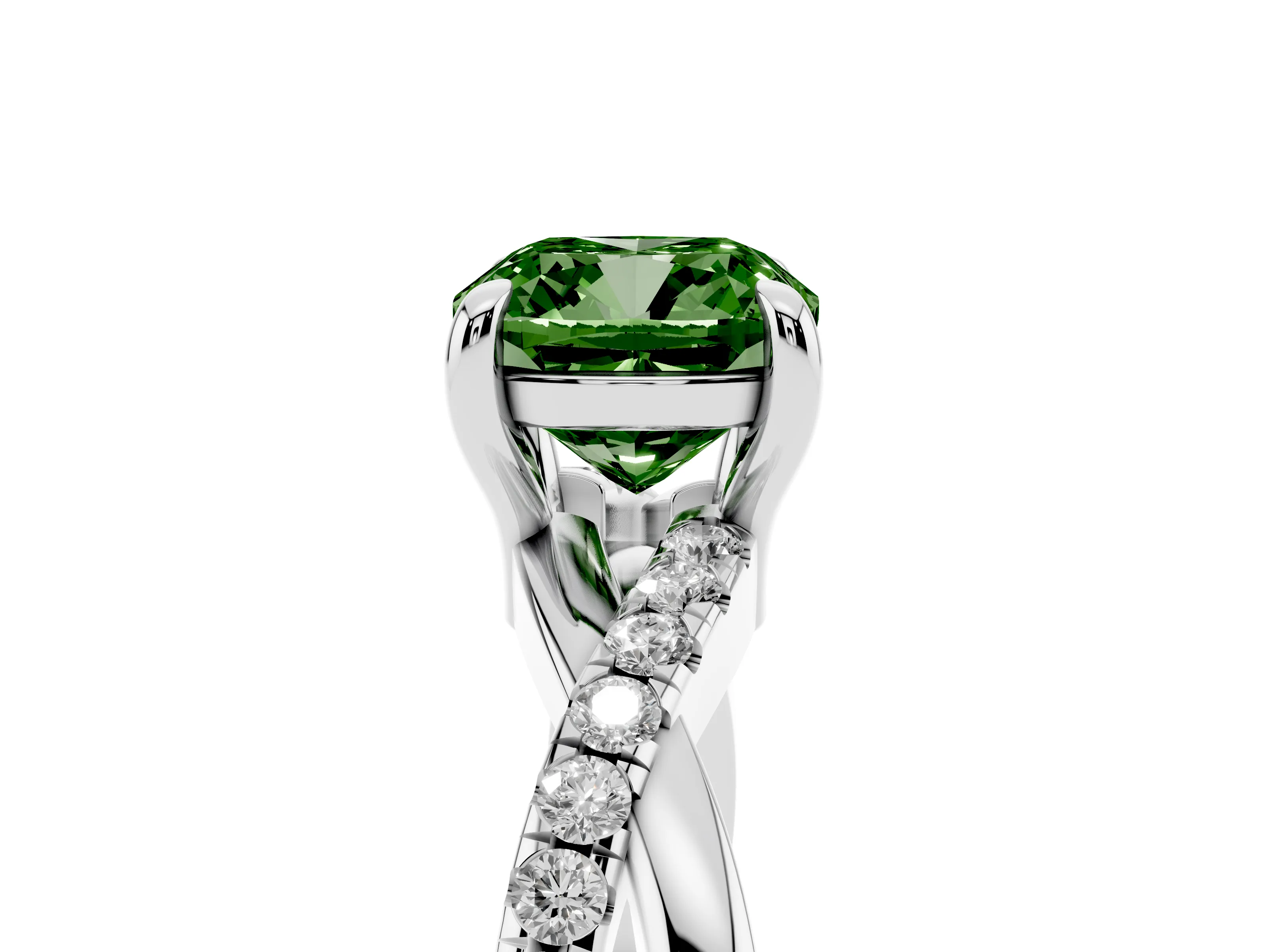 Fancy Green Cushion Cut Diamond Twist Band Pavé Solitaire Ring Set in Silver with Prong Setting
