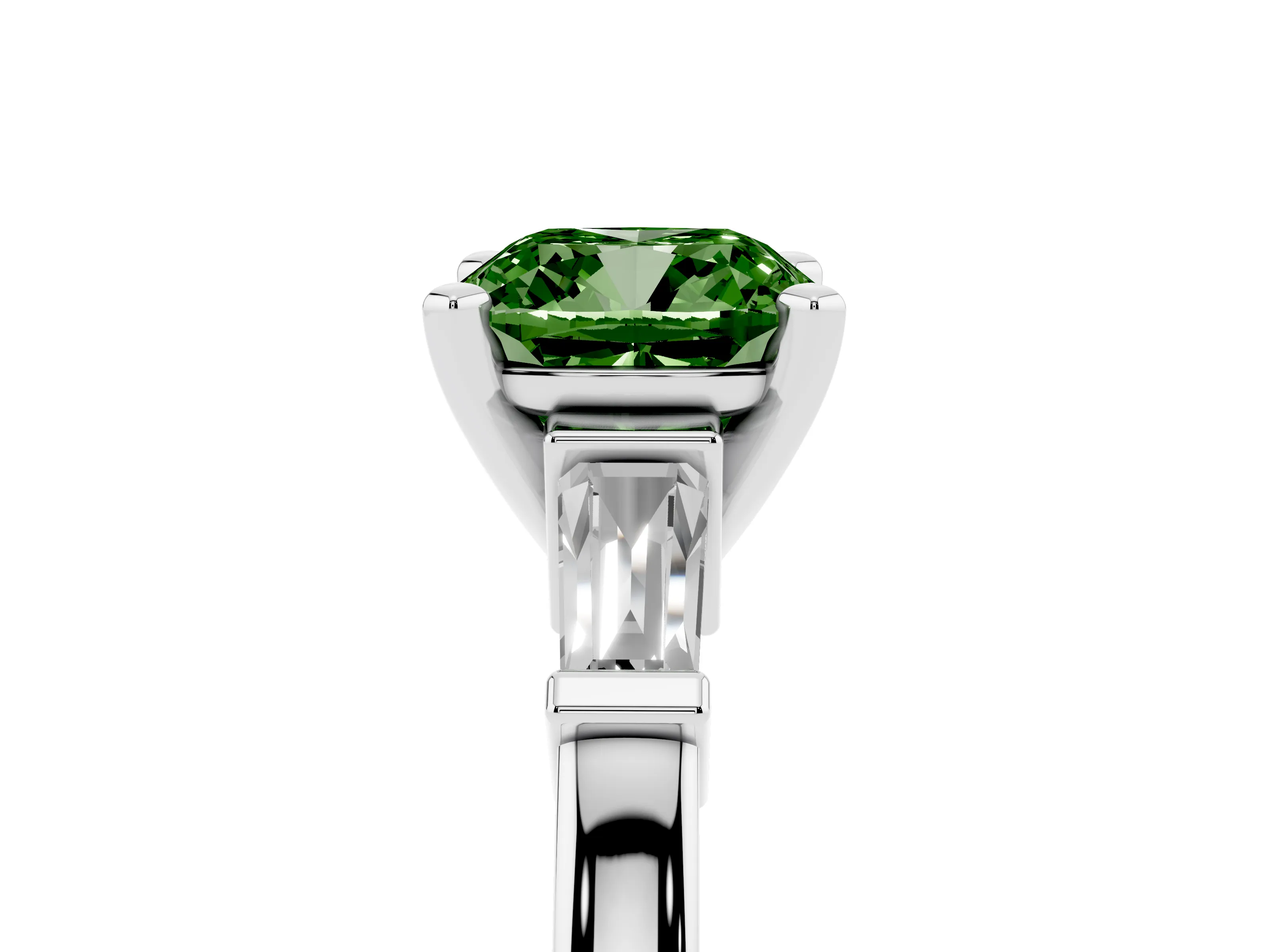 Fancy Green Cushion Cut Diamond Solitaire Ring Set in White gold with Tapered Baguette Accents and Prong Setting