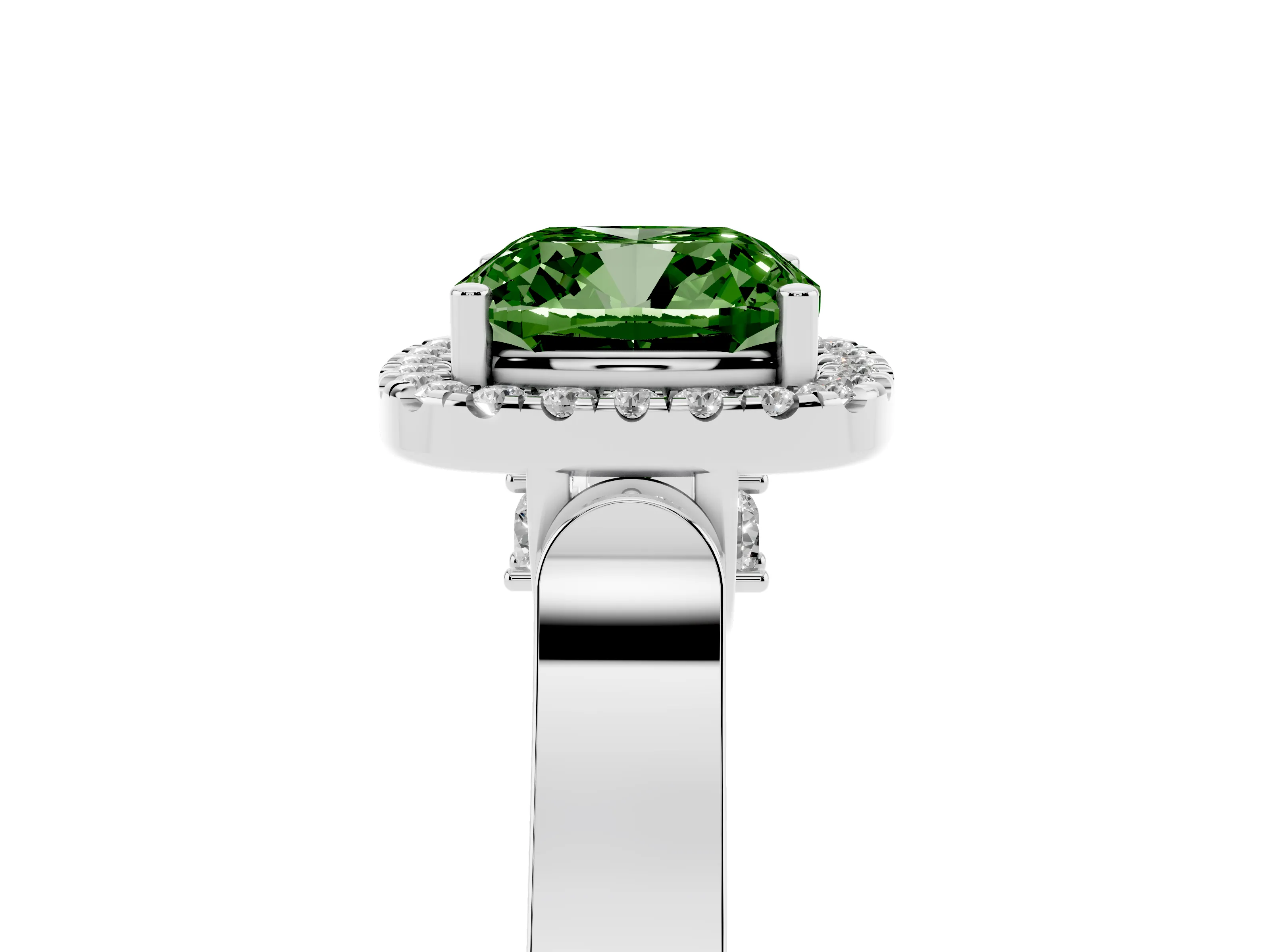 Fancy Green Cushion Cut Diamond Halo Ring Set in Silver with Pavé-Lined Split Shank Band