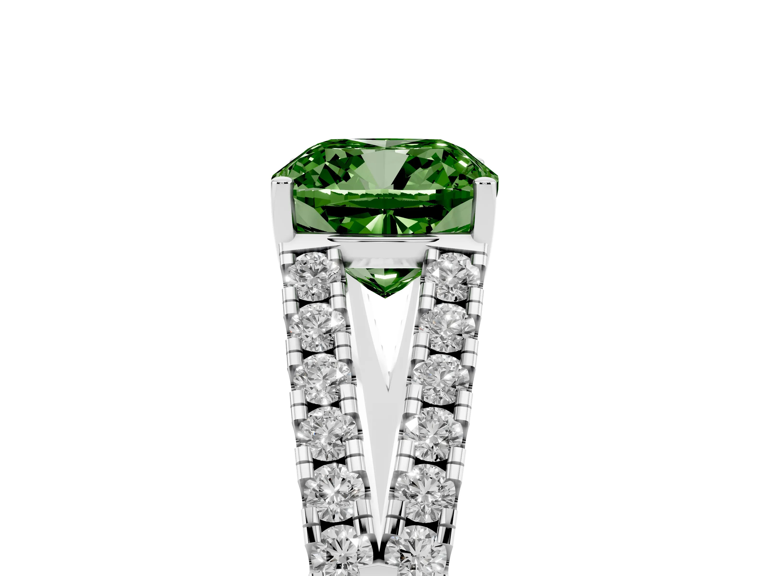 Fancy Green Cushion Cut Diamond Split Shank Pavé Engagement Ring Set in Silver with Prong-Held Center Stone