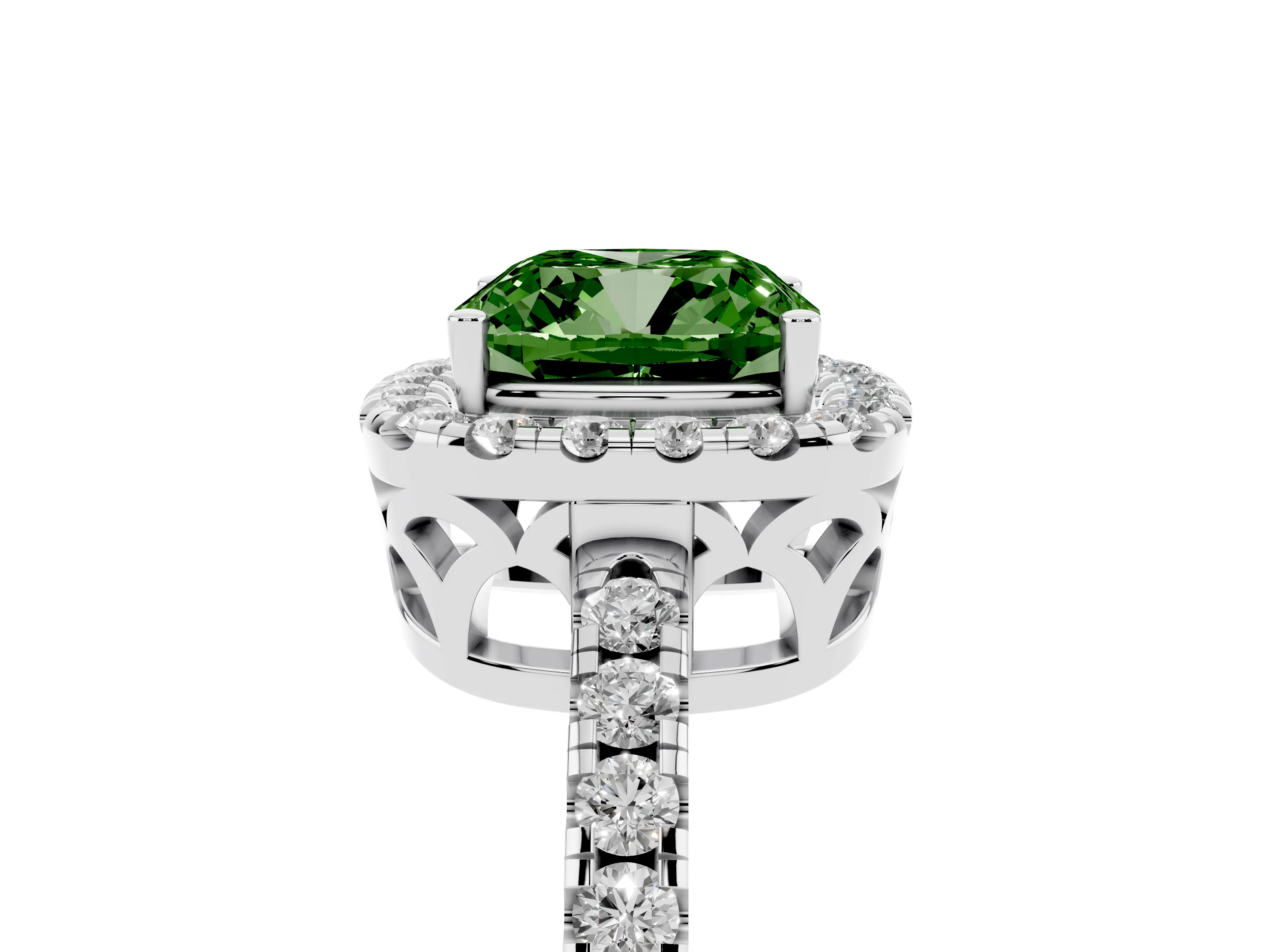 Fancy Green Cushion Cut Diamond Pavé Band Halo Engagement Ring Set in Platinum with Prong Setting