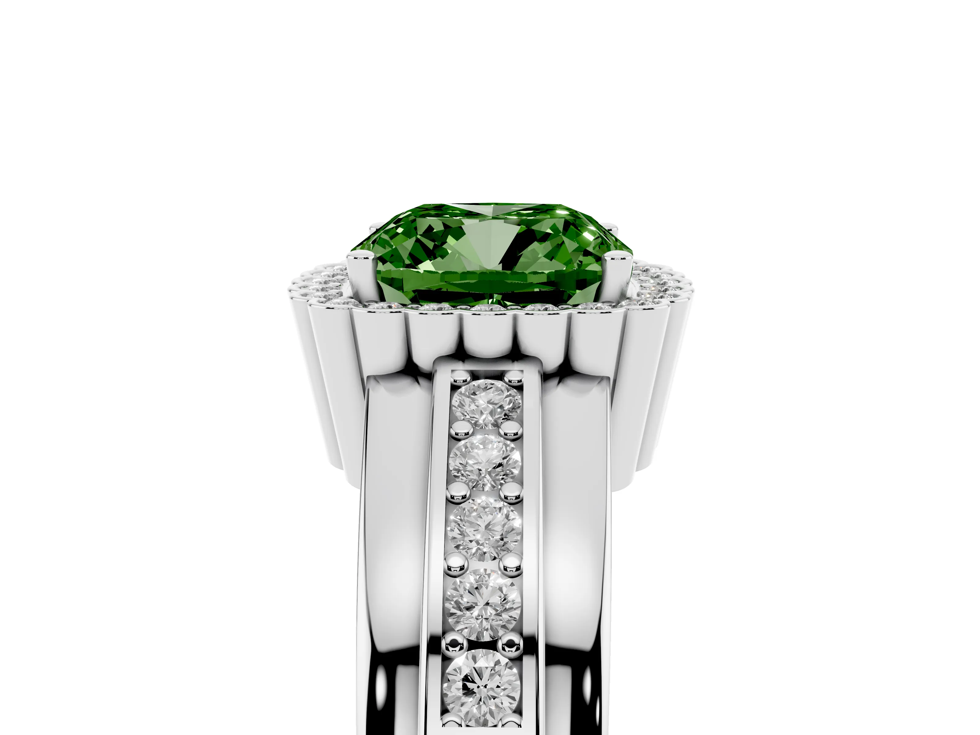 Fancy Green Cushion Cut Diamond Halo Prong Ring Set in Platinum with Pavé Band