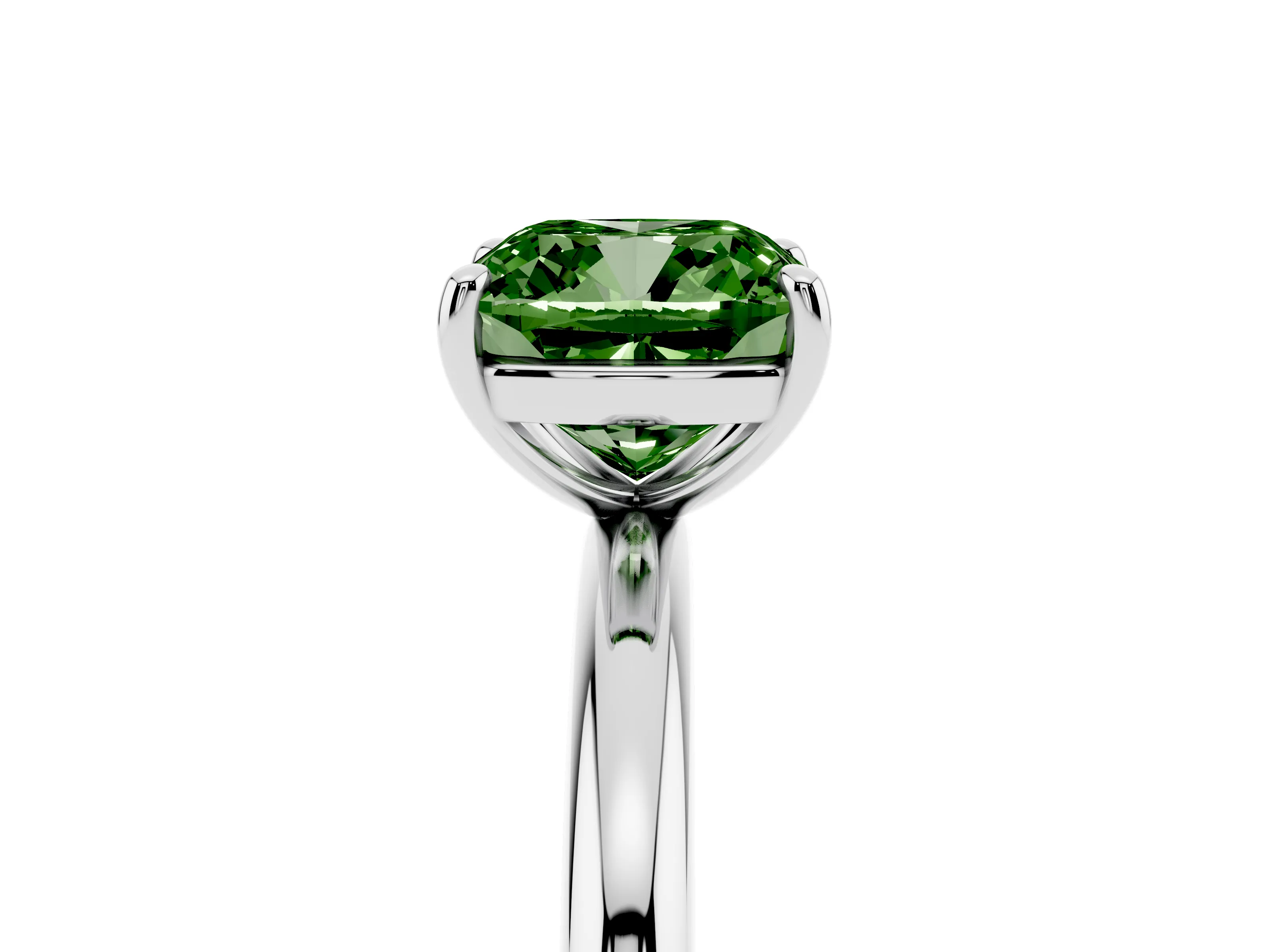 Fancy Green Cushion Cut Diamond Solitaire Ring Set in White gold with Prong Setting on a Polished Plain Band
