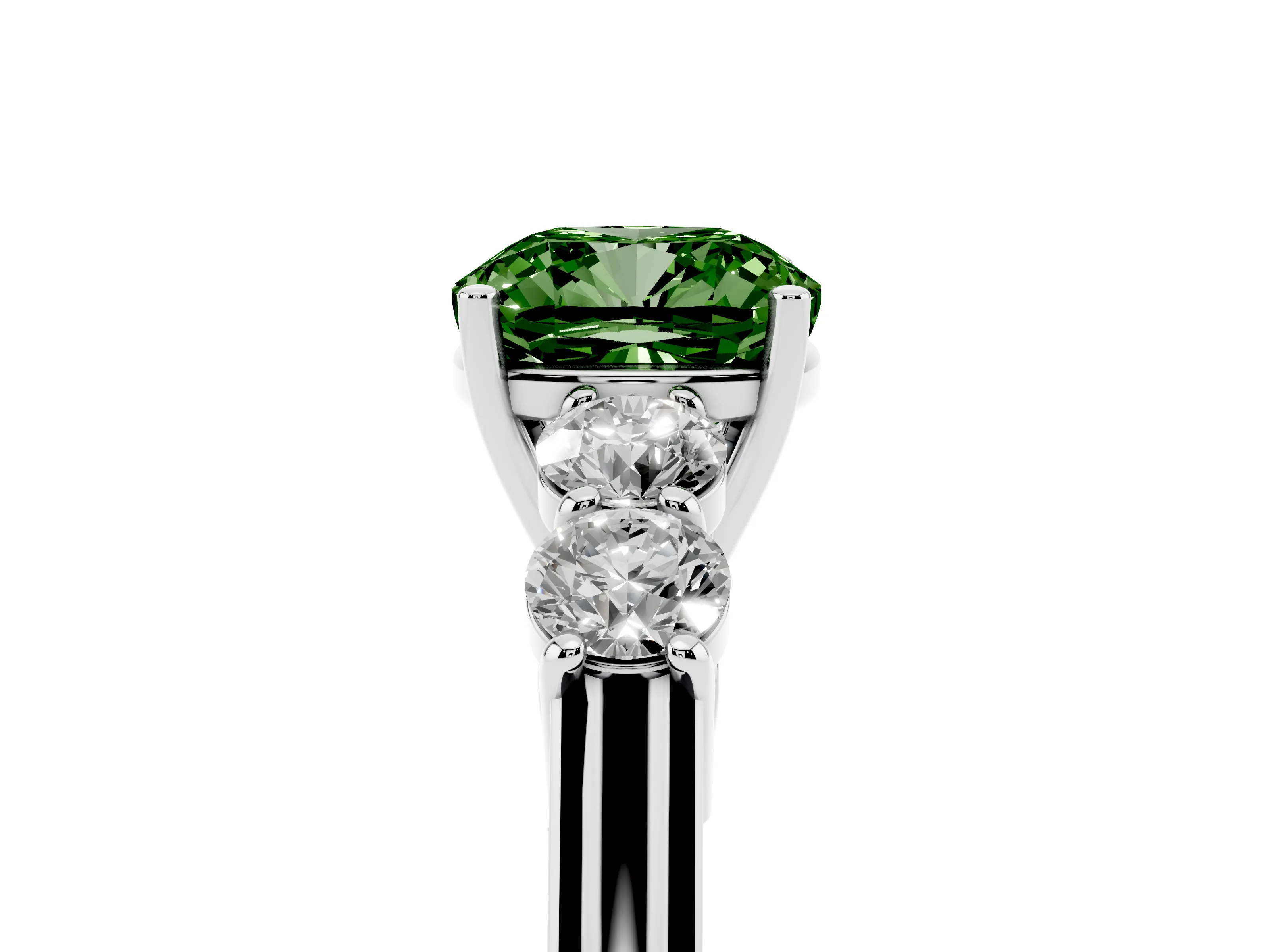 Fancy Green Cushion Cut Diamond Five-Stone Prong Set Band Ring Set in White gold with Polished Band