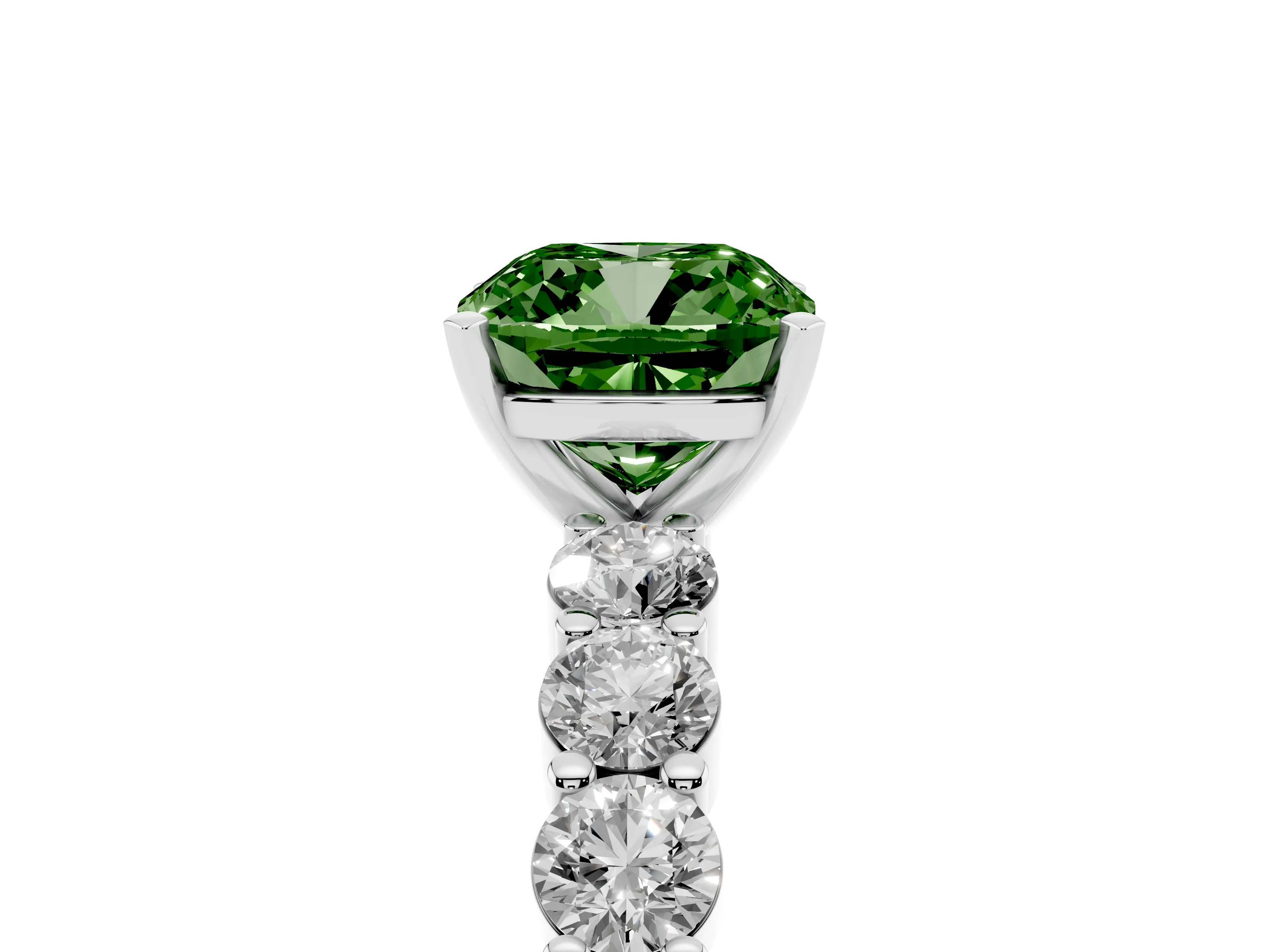 Fancy Green Cushion Cut Diamond Solitaire Ring Set in Silver with Shared Prong Round Side Stones