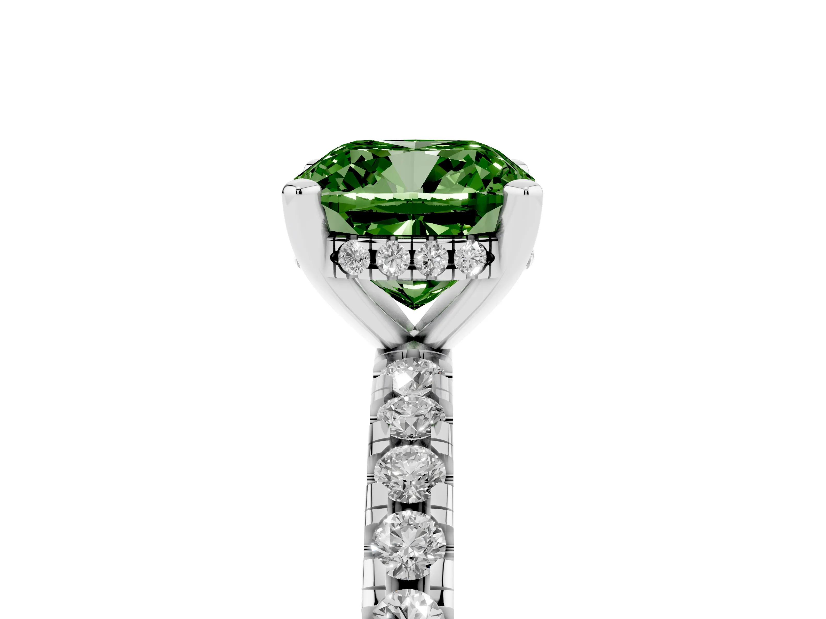 Fancy Green Cushion Cut Diamond Pavé Solitaire Ring Set in Platinum with Round Band Accents and Prong Setting