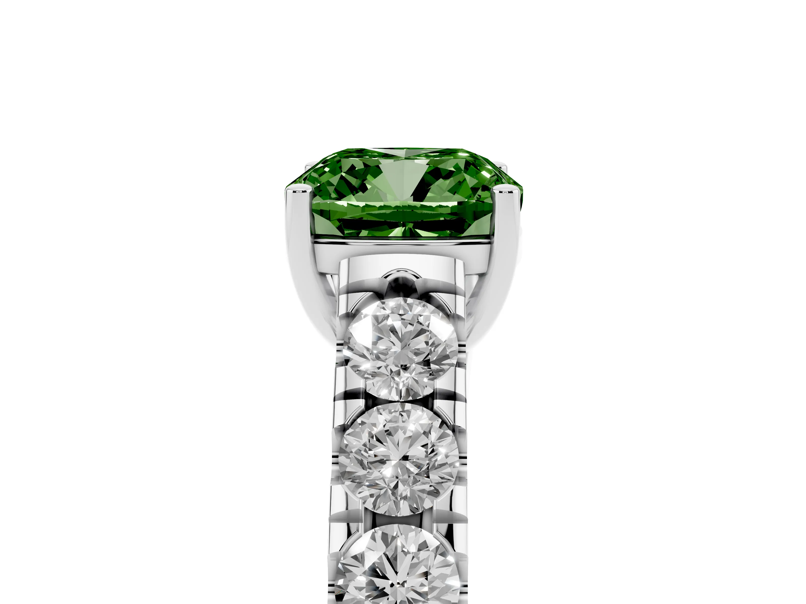 Fancy Green Cushion Cut Diamond Solitaire Ring Set in Platinum with Cut-Down Micro Pavé Band and Prong Setting