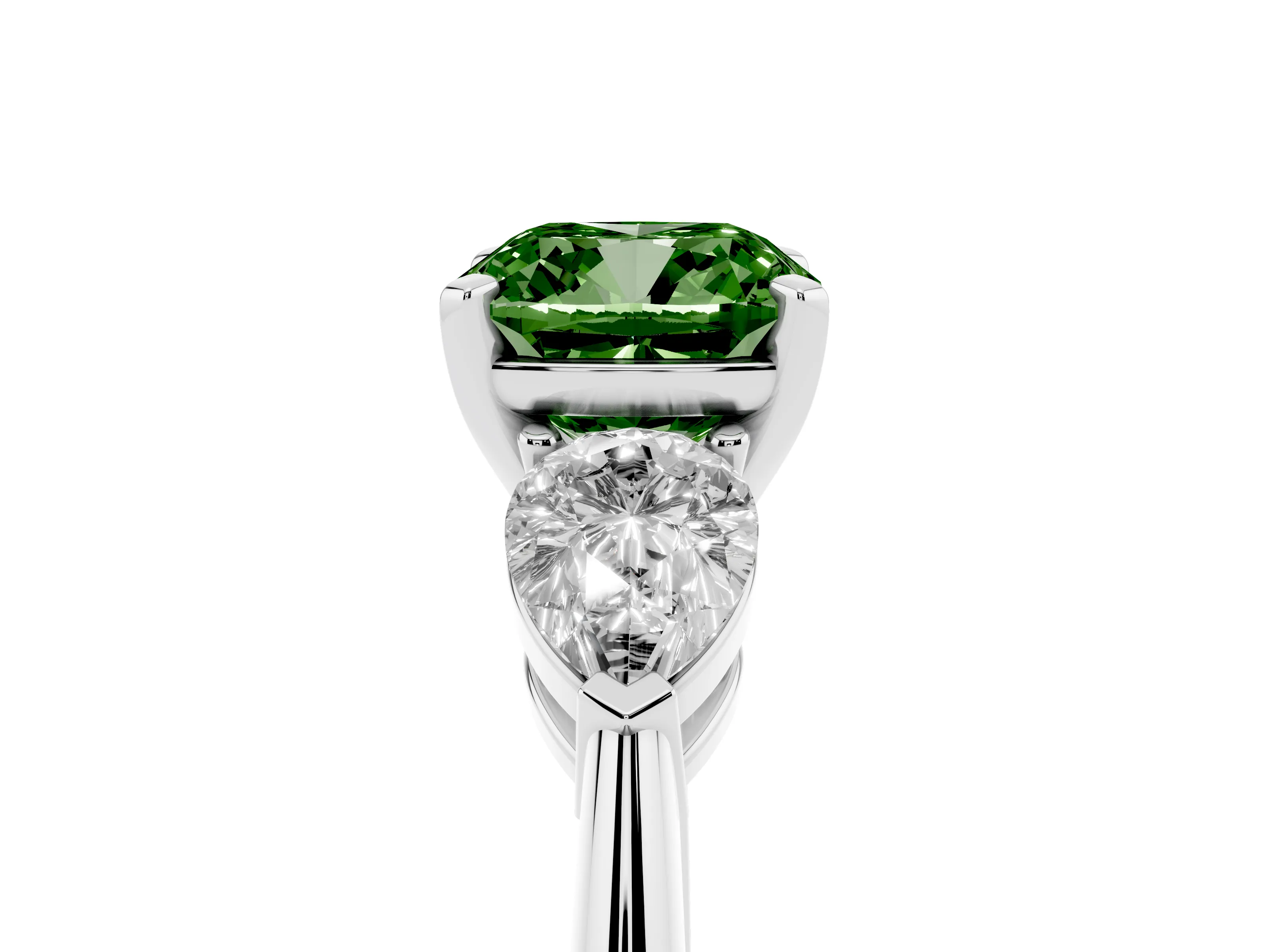Fancy Green Three-Stone Cushion Cut Diamond Ring Set in Platinum with Pear Side Stones and Prong Setting