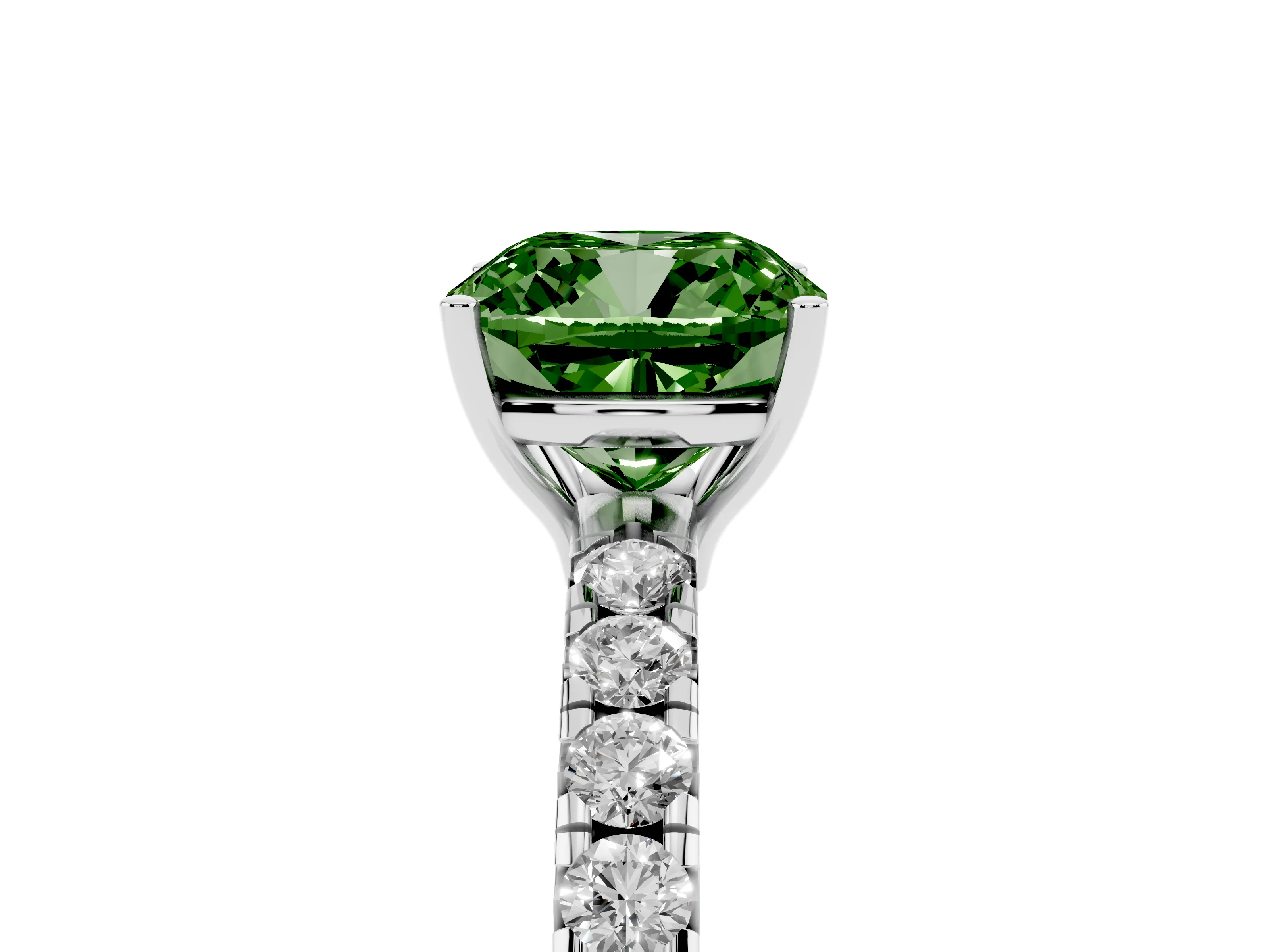 Fancy Green Cushion Cut Diamond Pavé Solitaire Engagement Ring Set in Platinum with Prong Setting