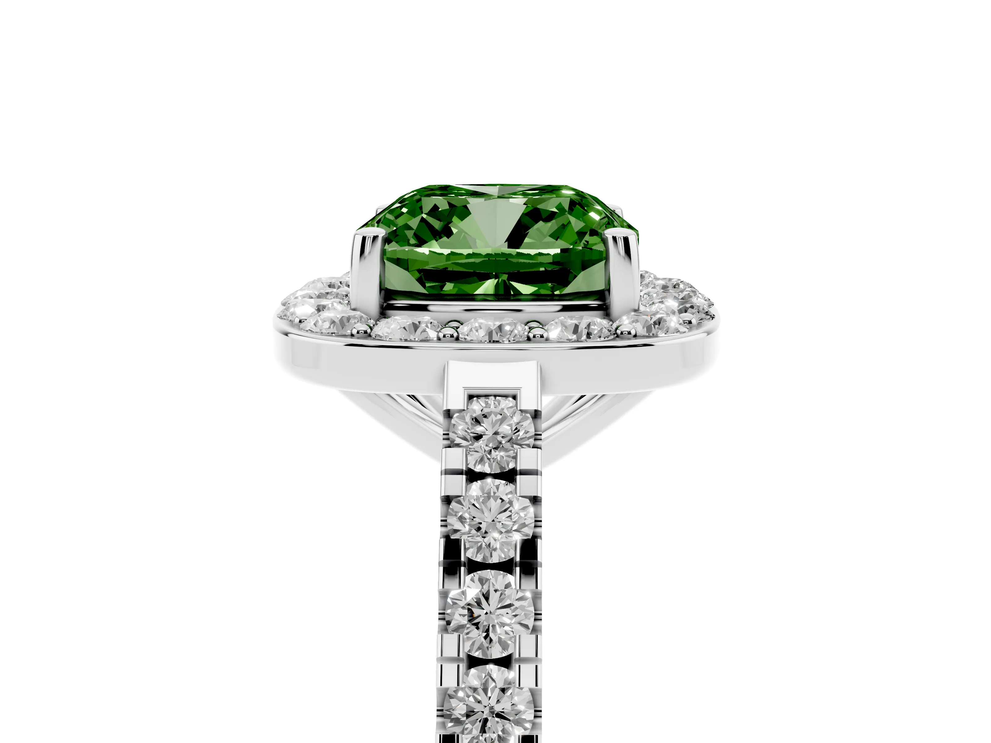 Fancy Green Cushion Cut Diamond Halo Ring Set in Platinum with Round Pavé Split Shank and Prong Setting