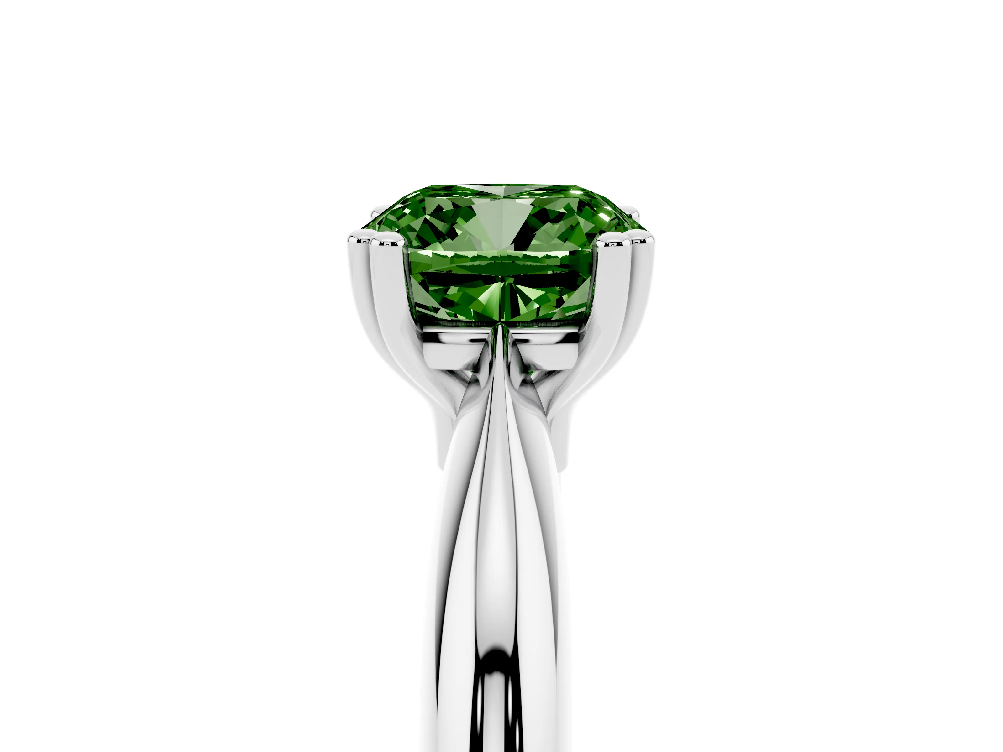Fancy Green Cushion Cut Diamond Solitaire Engagement Ring Set in White gold with Tapered Band and Prong Setting