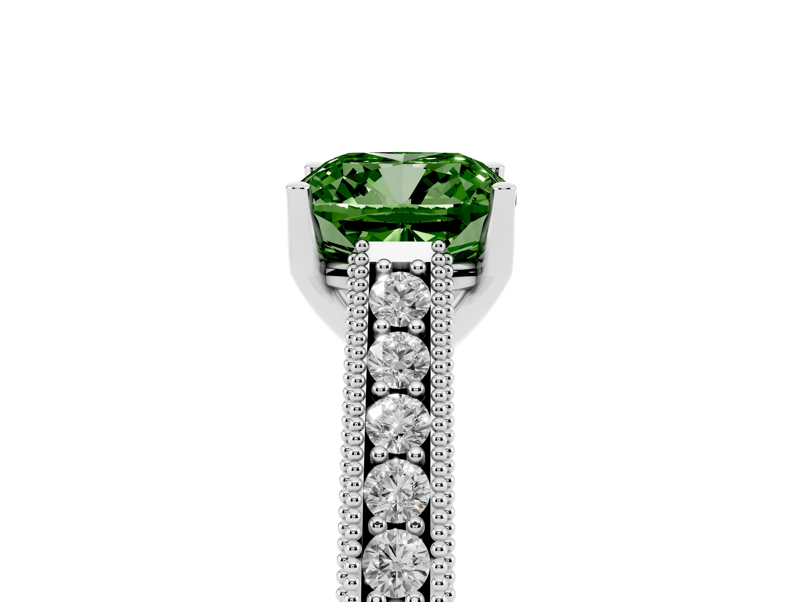 Fancy Green Cushion Cut Diamond Milgrain Pavé Band Solitaire Ring Set in White gold with Prong Setting