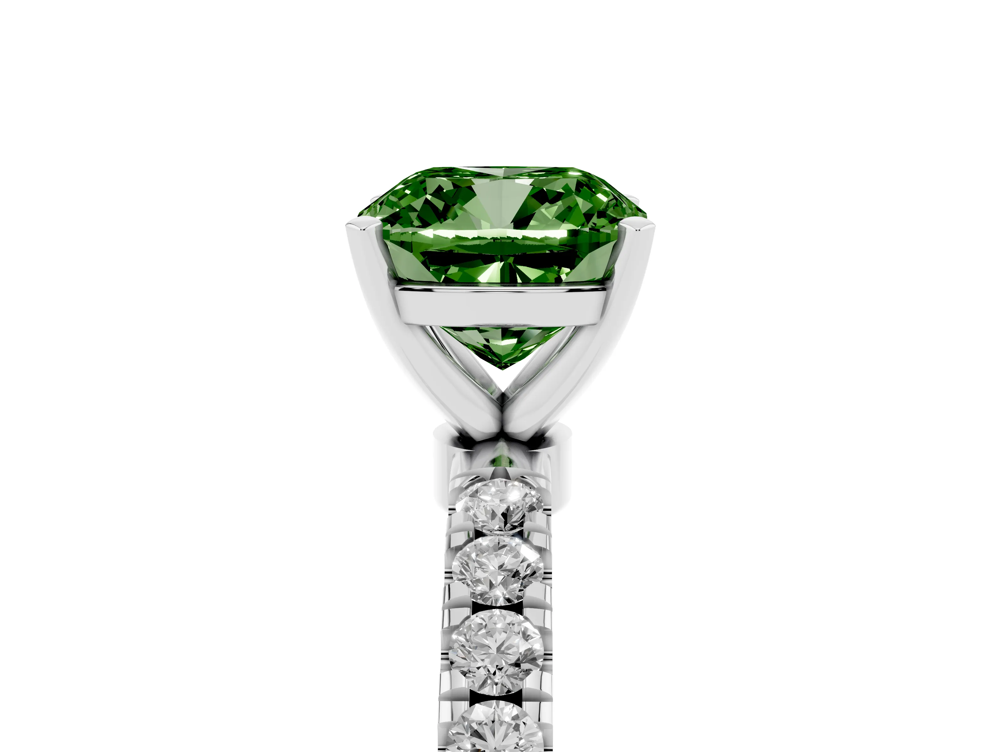 Fancy Green Cushion Cut Diamond Solitaire Ring Set in White gold with Pavé Accents and Prong Setting