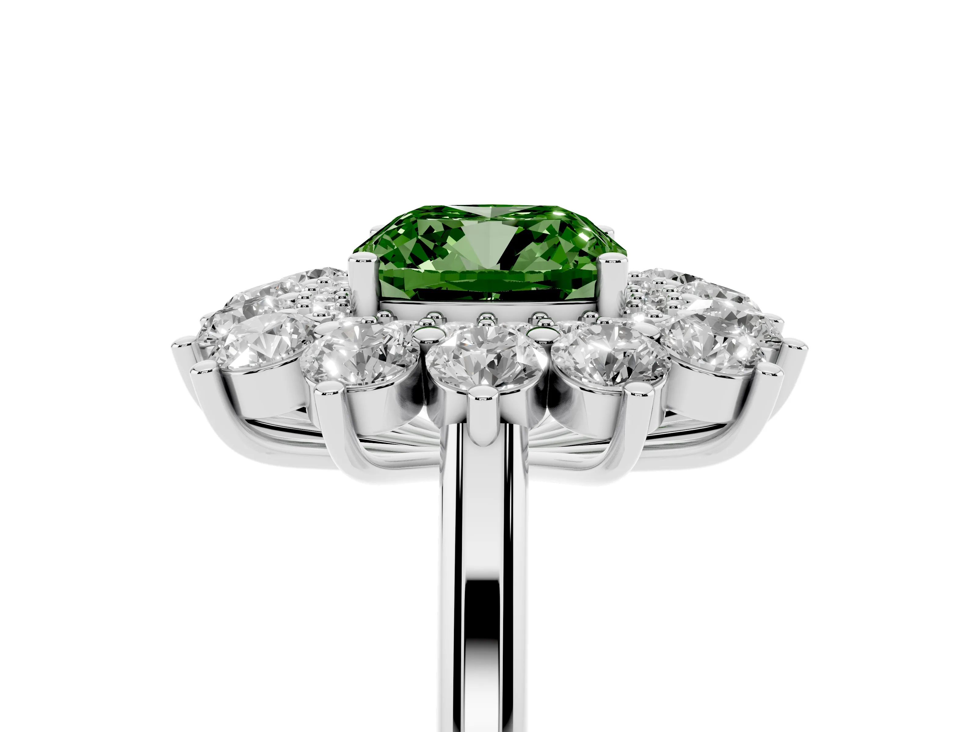 Fancy Green Cushion Cut Diamond Floral Double Halo Ring Set in White gold with Round Petals