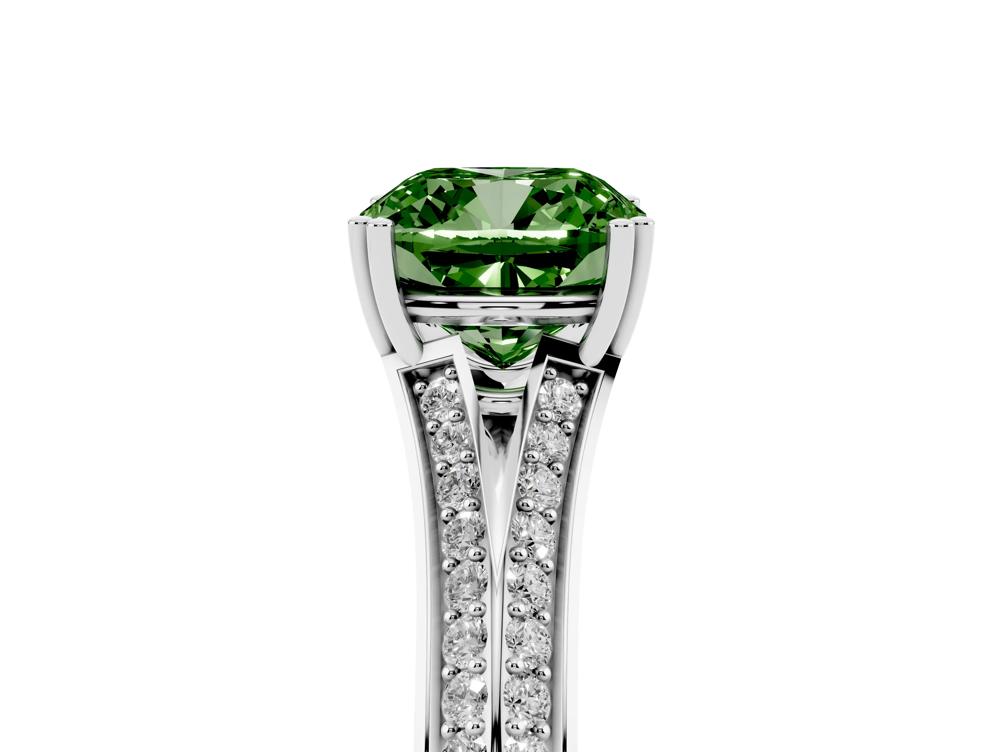 Fancy Green Cushion Cut Diamond Split Shank Pavé Engagement Ring Set in Platinum with Prong-Set Center Stone