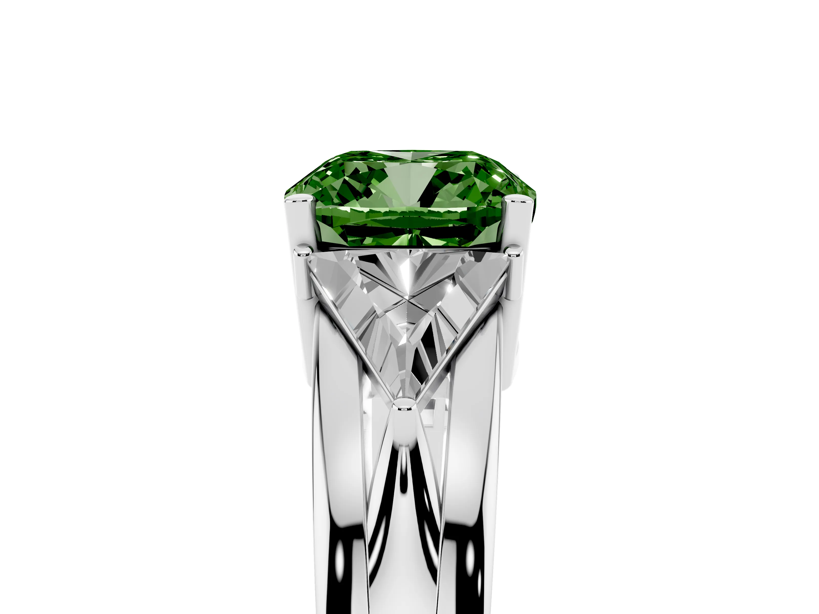 Fancy Green Cushion Cut Diamond Three-Stone Ring Set in Silver with Trillion Side Stones and Split Shank