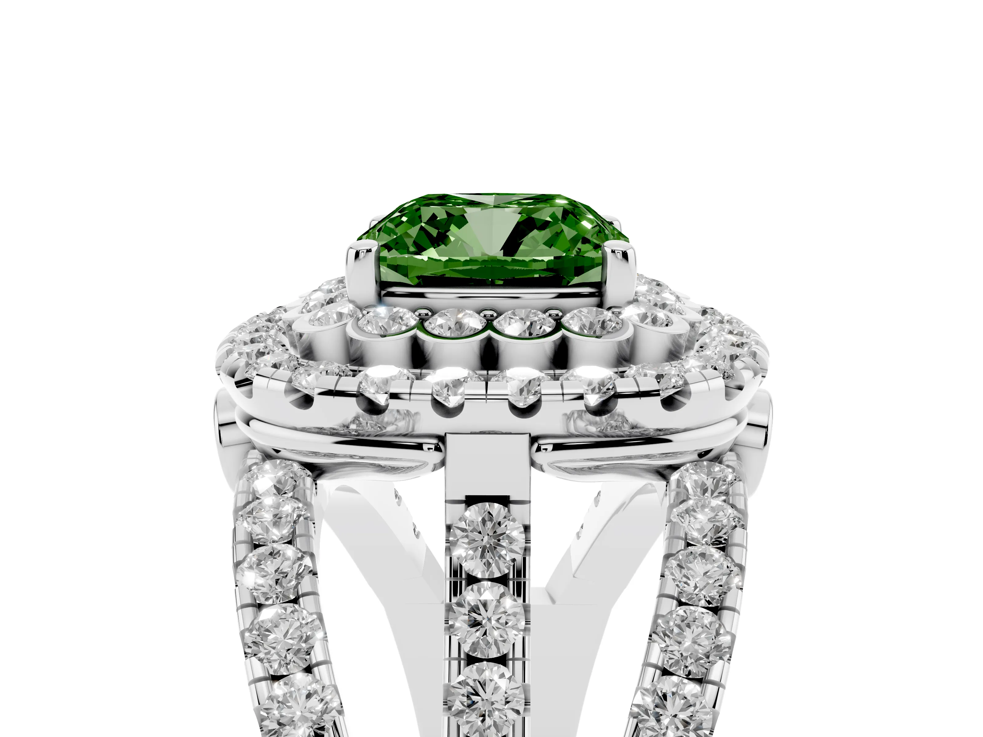 Fancy Green Cushion Cut Diamond Double Halo Ring Set in Platinum with Round Pavé Split Shank