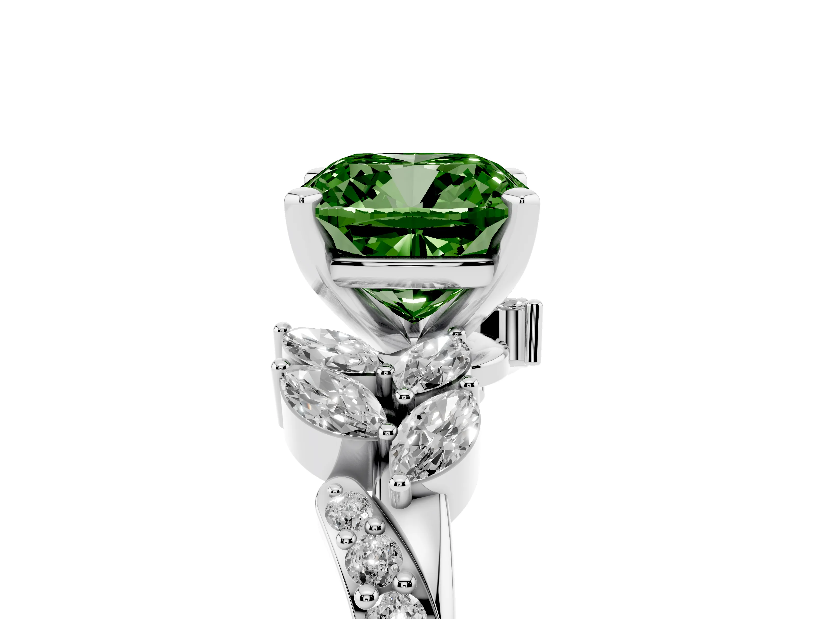 Fancy Green Cushion Cut Diamond Solitaire Ring Set in White gold with Marquise Twist Band and Prong Setting
