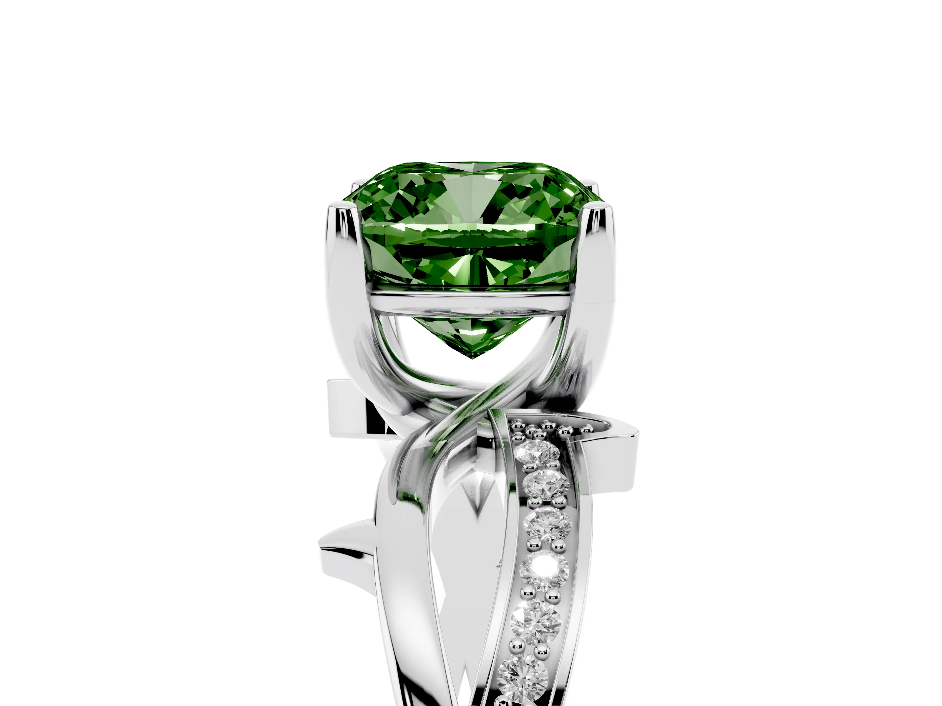 Fancy Green Cushion Cut Diamond Pavé Twist Band Solitaire Ring Set in Silver with Prong Setting