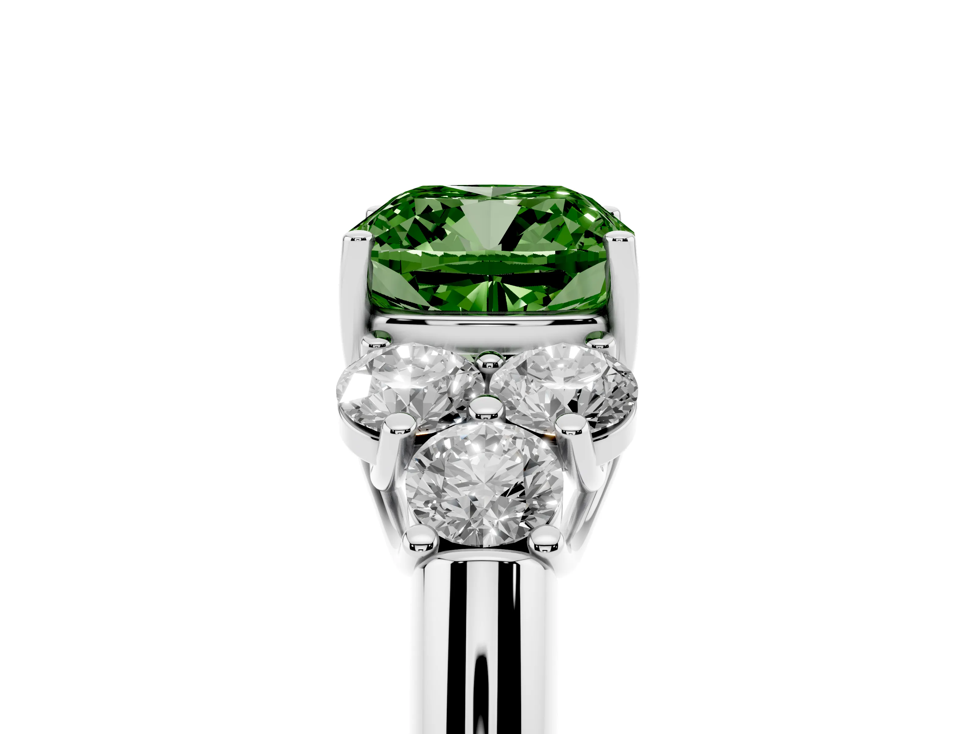 Fancy Green Cushion Cut Diamond Cluster Ring Set in White gold with Round Accent Stones and Prong Setting on a Plain Band