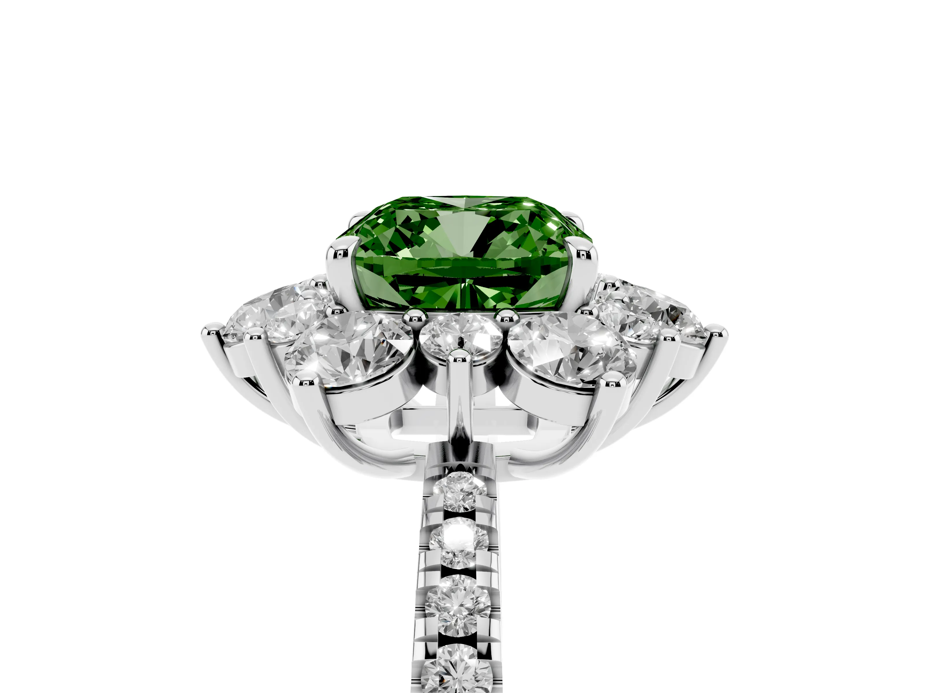 Fancy Green Cushion Cut Diamond Floral Halo Ring Set in Platinum with Round Pavé Band and Prong Setting