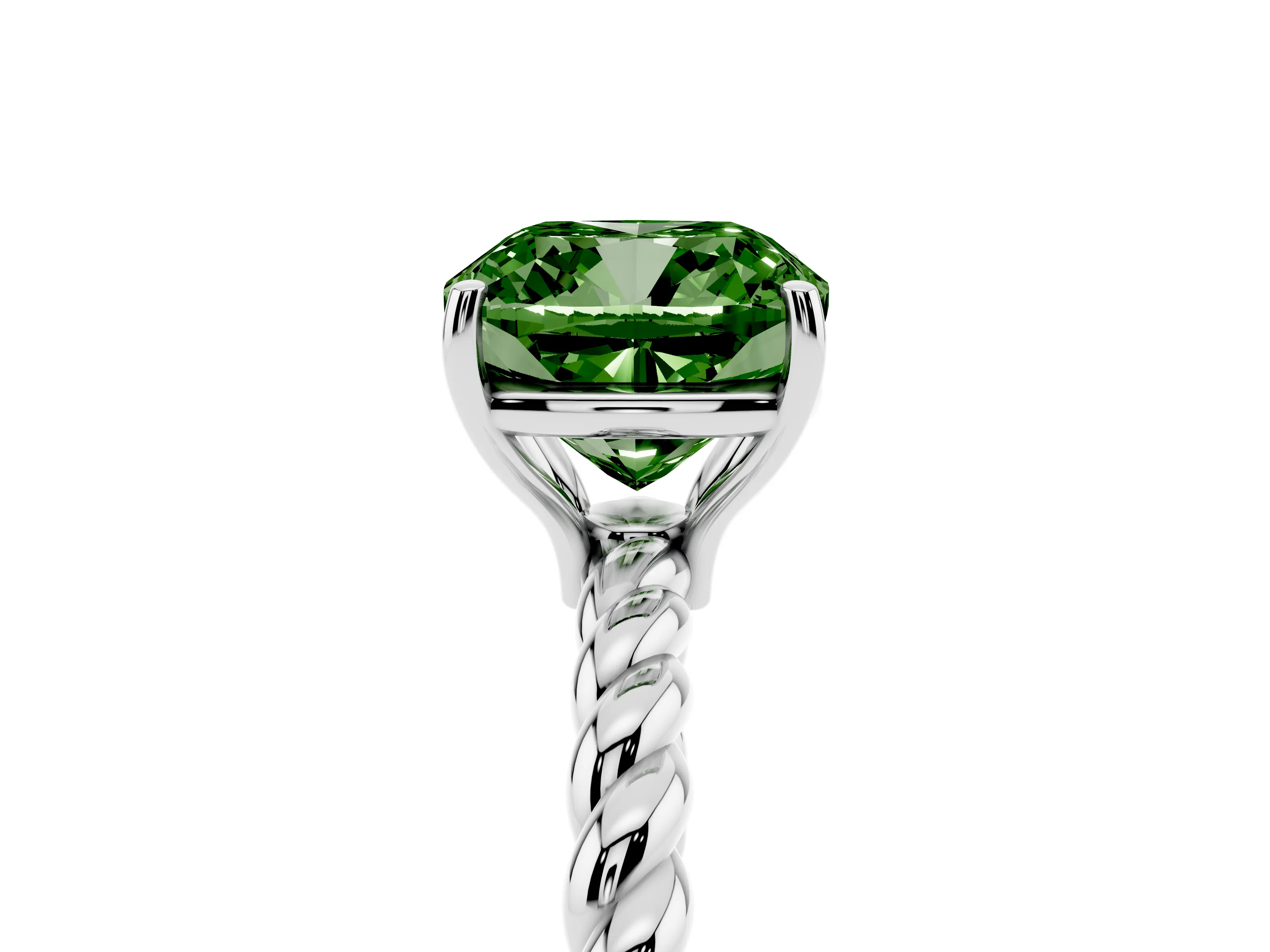 Fancy Green Cushion Cut Diamond Solitaire Ring Set in White gold with Twist Band and Prong Setting