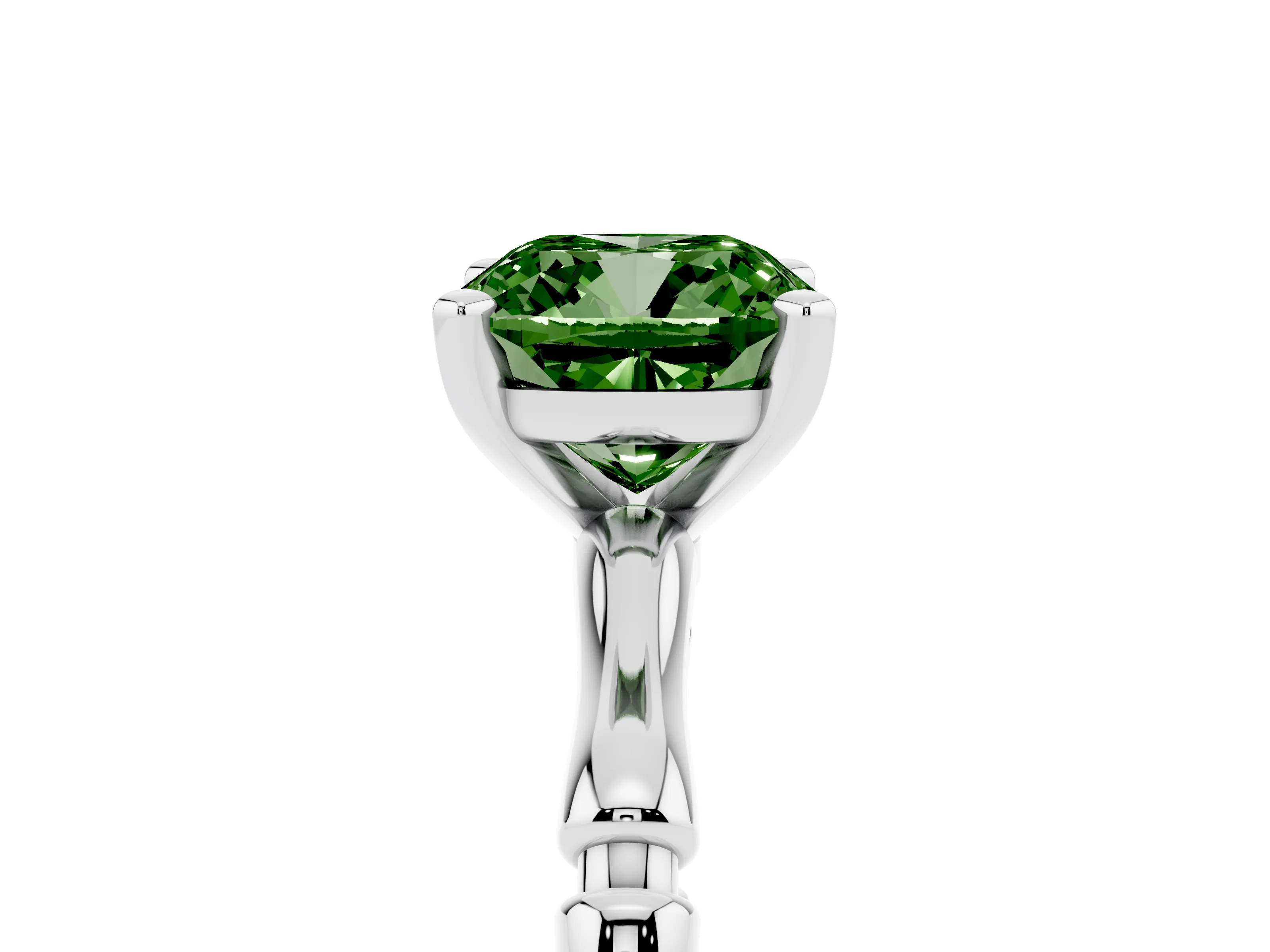 Fancy Green Cushion Cut Diamond Solitaire Ring Set in Silver with Bamboo Band and Prong Setting