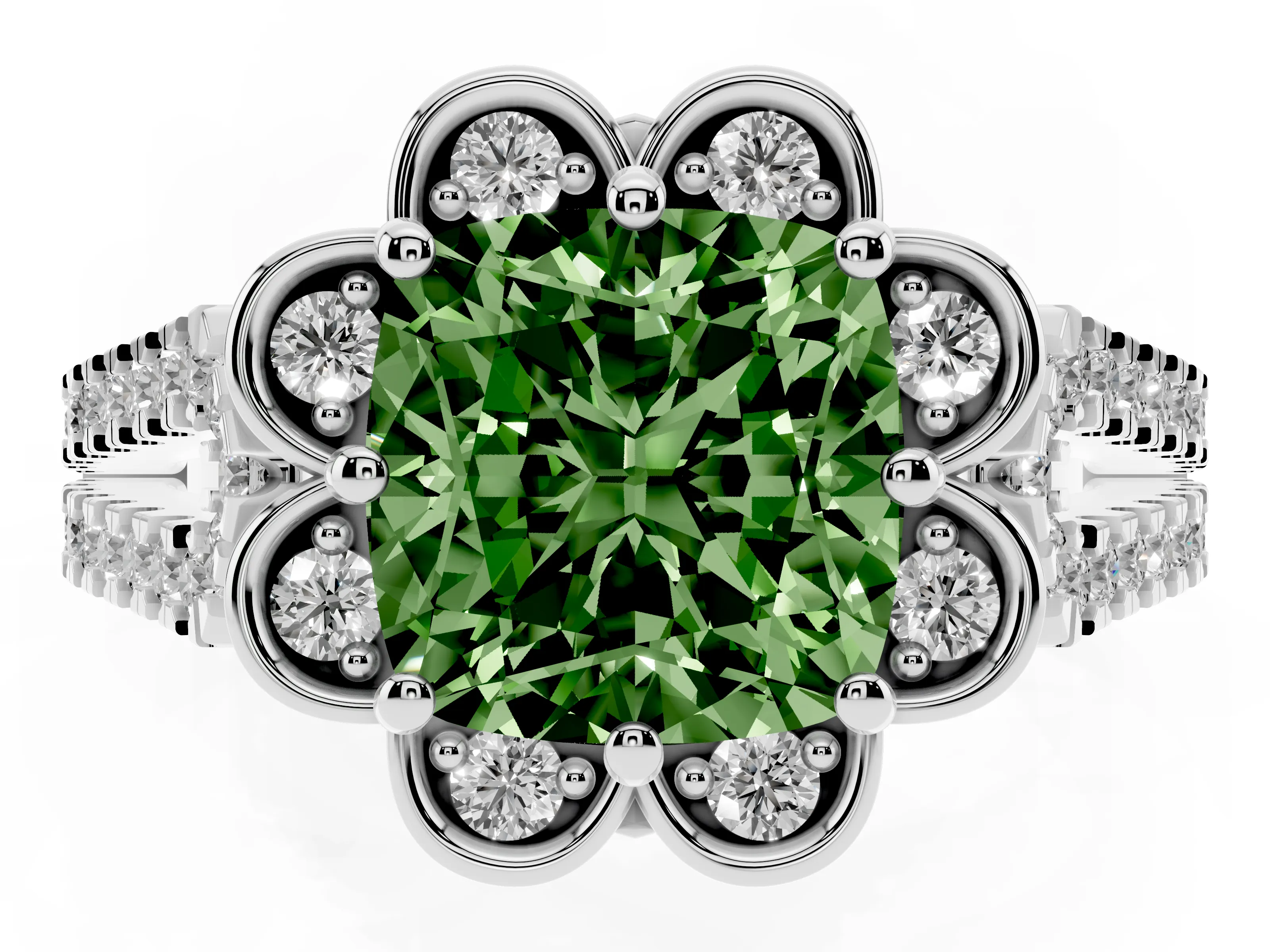 Fancy Green Cushion Cut Diamond Floral Halo Split Shank Engagement Ring Set in White gold with Pavé Shank